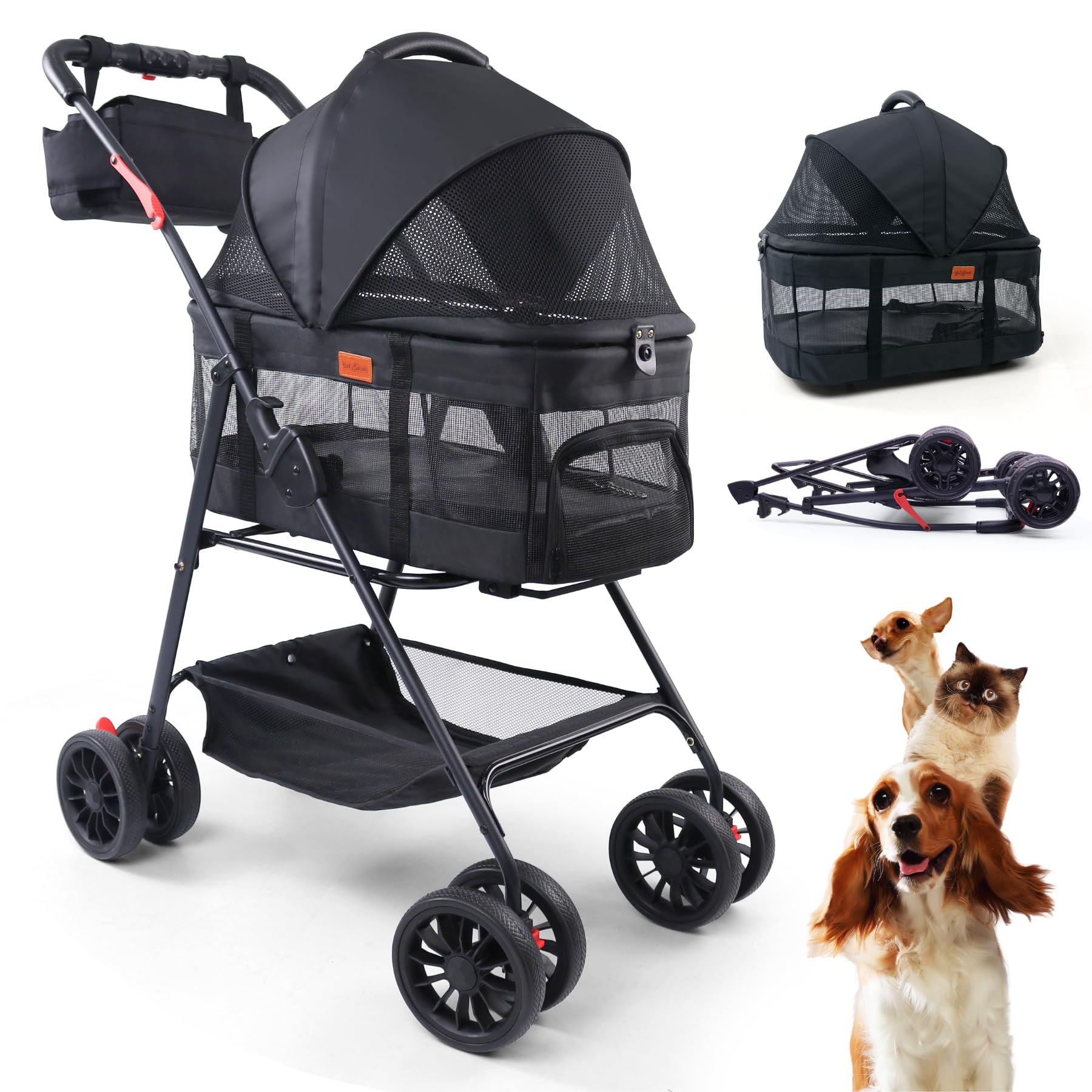 Bicystar Pet Stroller For Small Dogs Cats With Wheels, Detachable Carrier, Max Load 33 Lbs, Easy Folding, Compact Portable, Dog 