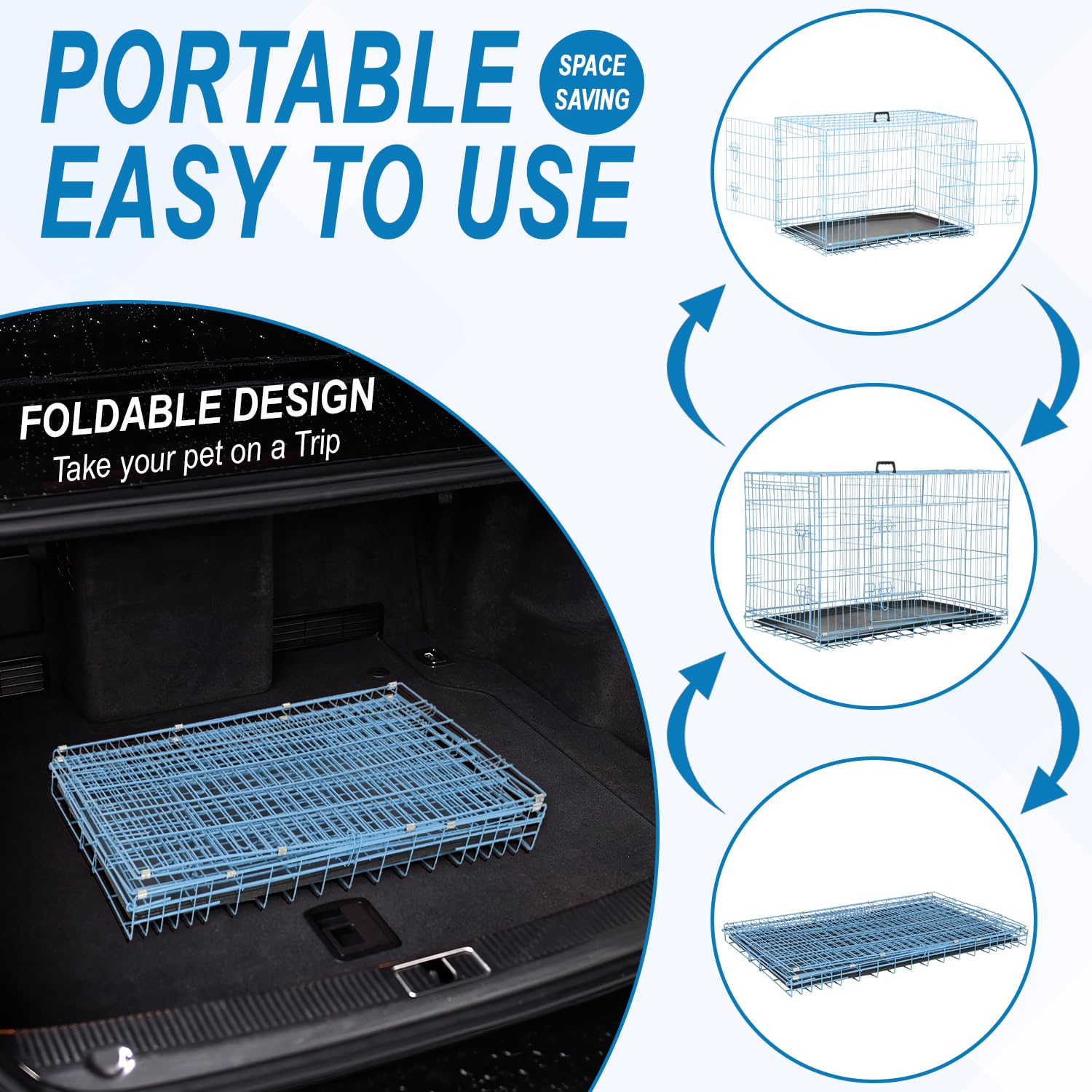 Dog Crate, Wire Kennel With Divider Panel, Metal Cages With Double Door, Leak-Proof Pan Tray, Folding Portable Pet Dog Cage For