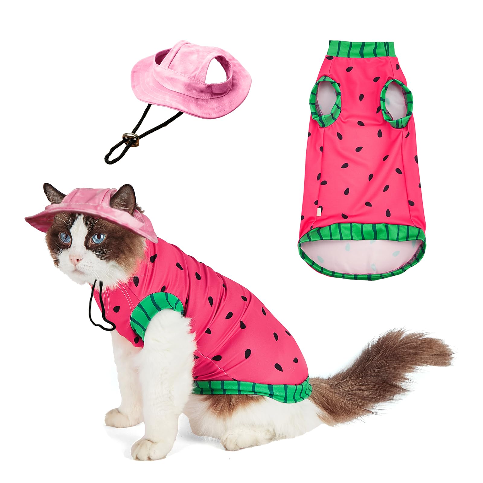 Sphynx Cat Watermelon Shirt &Sun Hat For Summer, Cooling Breathable Upf 50+ Shirt For Cats & Small Dogs Apparel, Shirt And Hat S