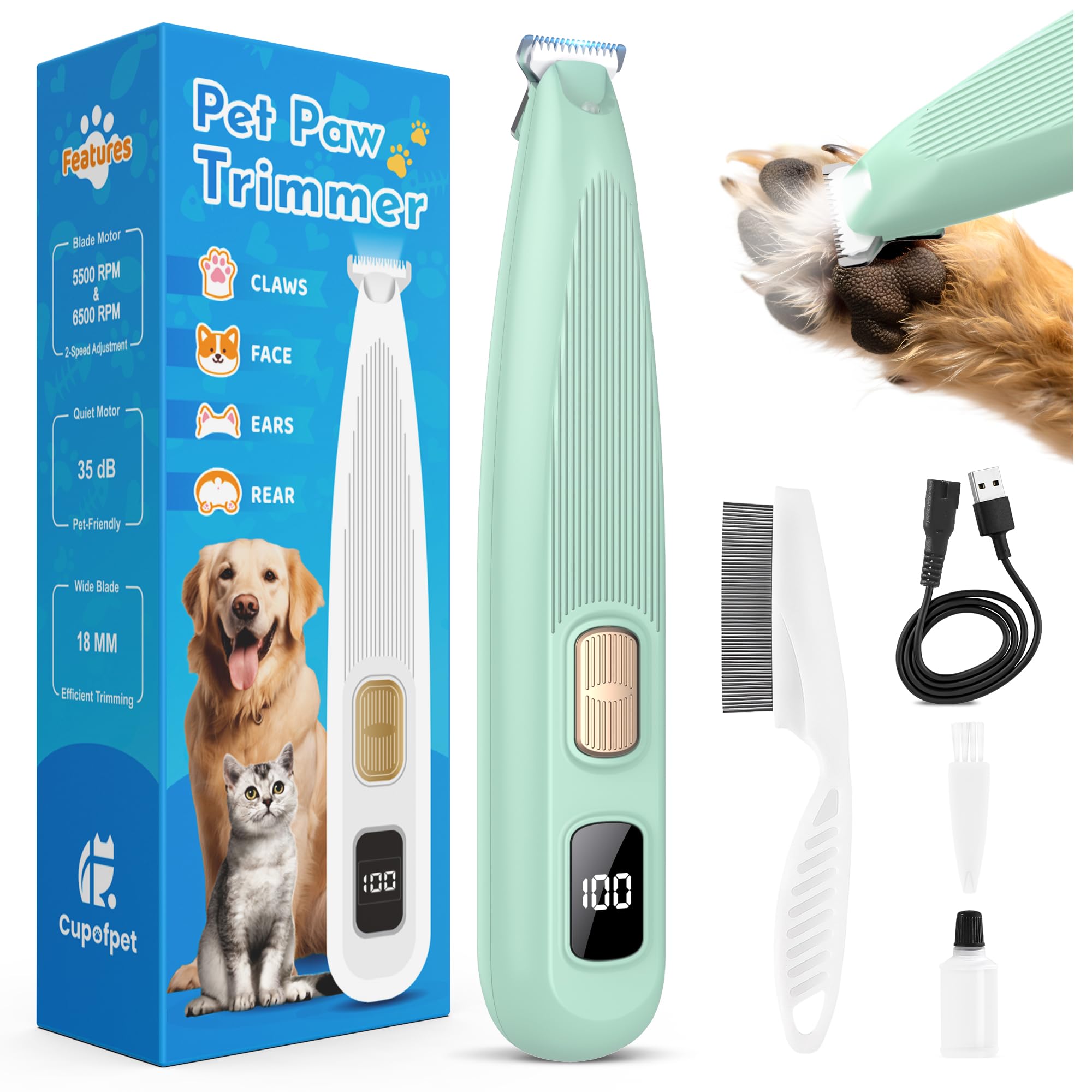 Dog Paw Trimmer With Led Light, 35Db Low Noise Precision Pet Paw Trimmer For Dogs Cats Grooming Clippers, 2 Speed Safety Electri