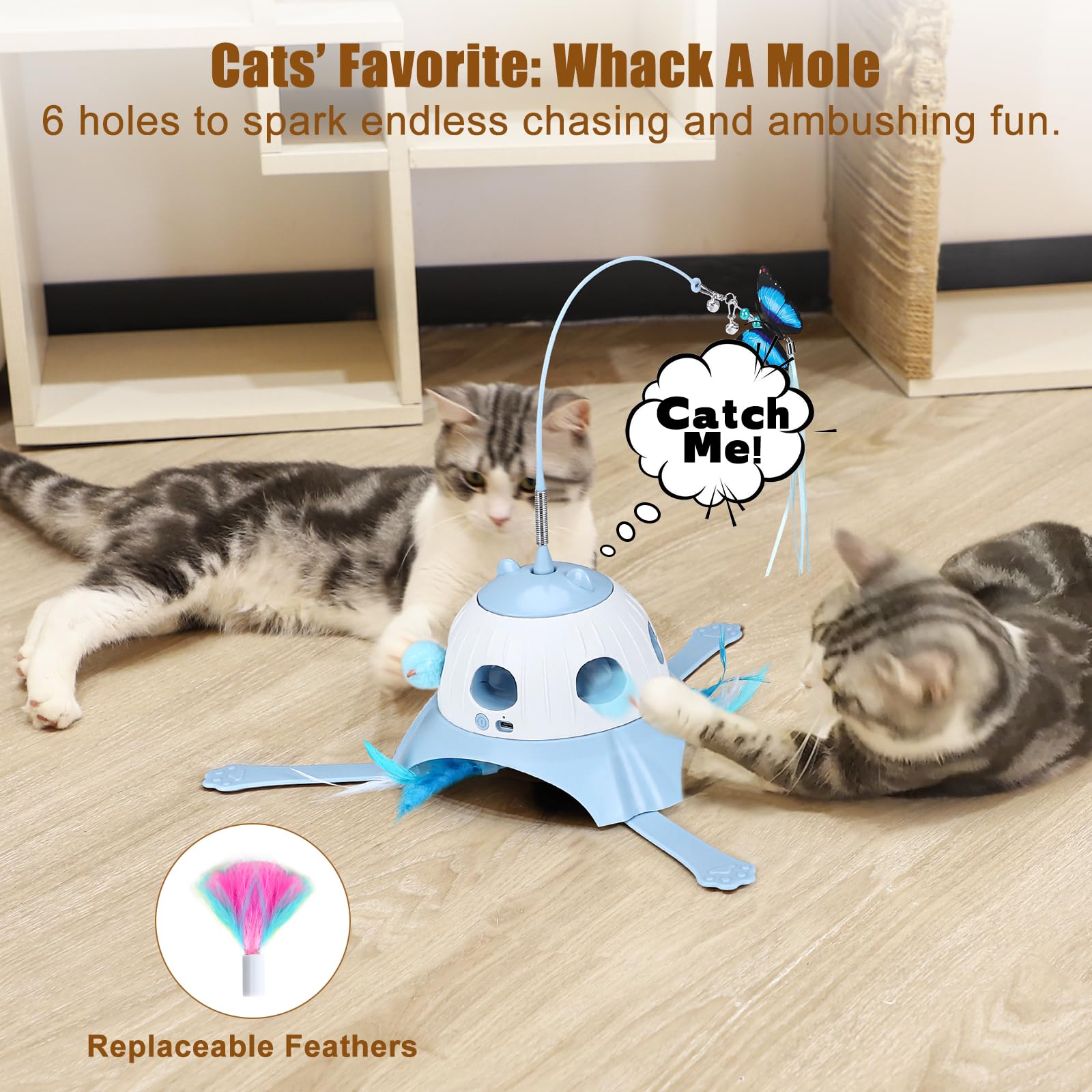 Aiperro 3-In-1 Automatic Cat Toys For Indoor Cats, Fluttering Butterfly, Whack A Mole, Rotating Feather Wand, Usb Rechargeable I