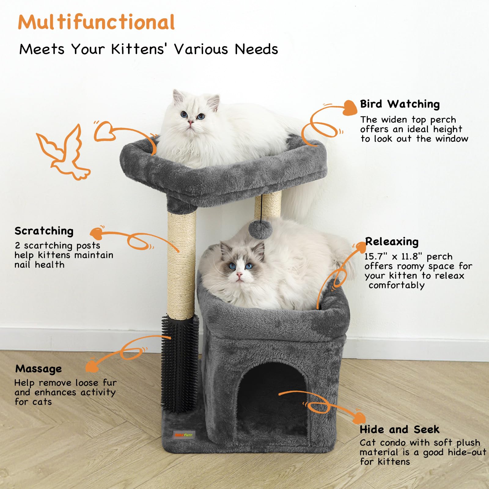 Innsfurr Small Cat Tree For Indoor Cats, Cat Tower With Scratching Posts For Multiple Cats, Plush Cozy Perch, Cat Massage Brush,