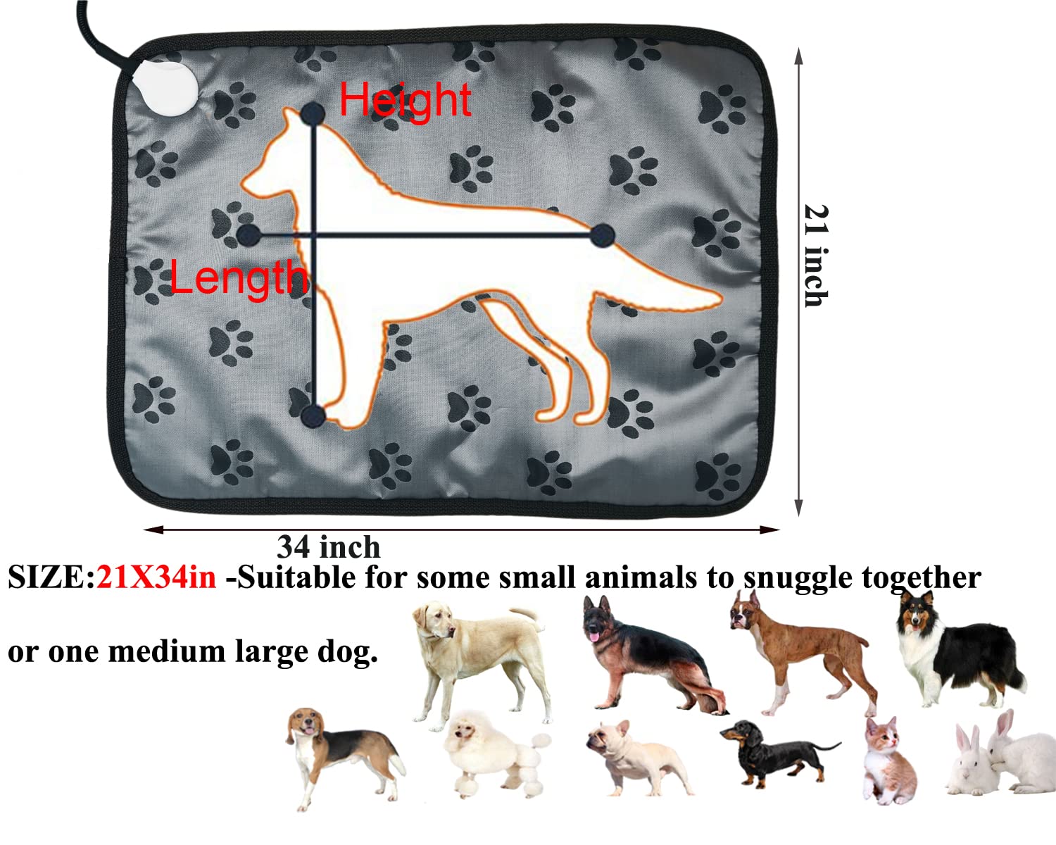 DEOMAN Pet Heating Pad - Electric Heated Dog Bed, Chew Proof, Easy Clean, 34X21 inch, Grey, Oxford Fabric