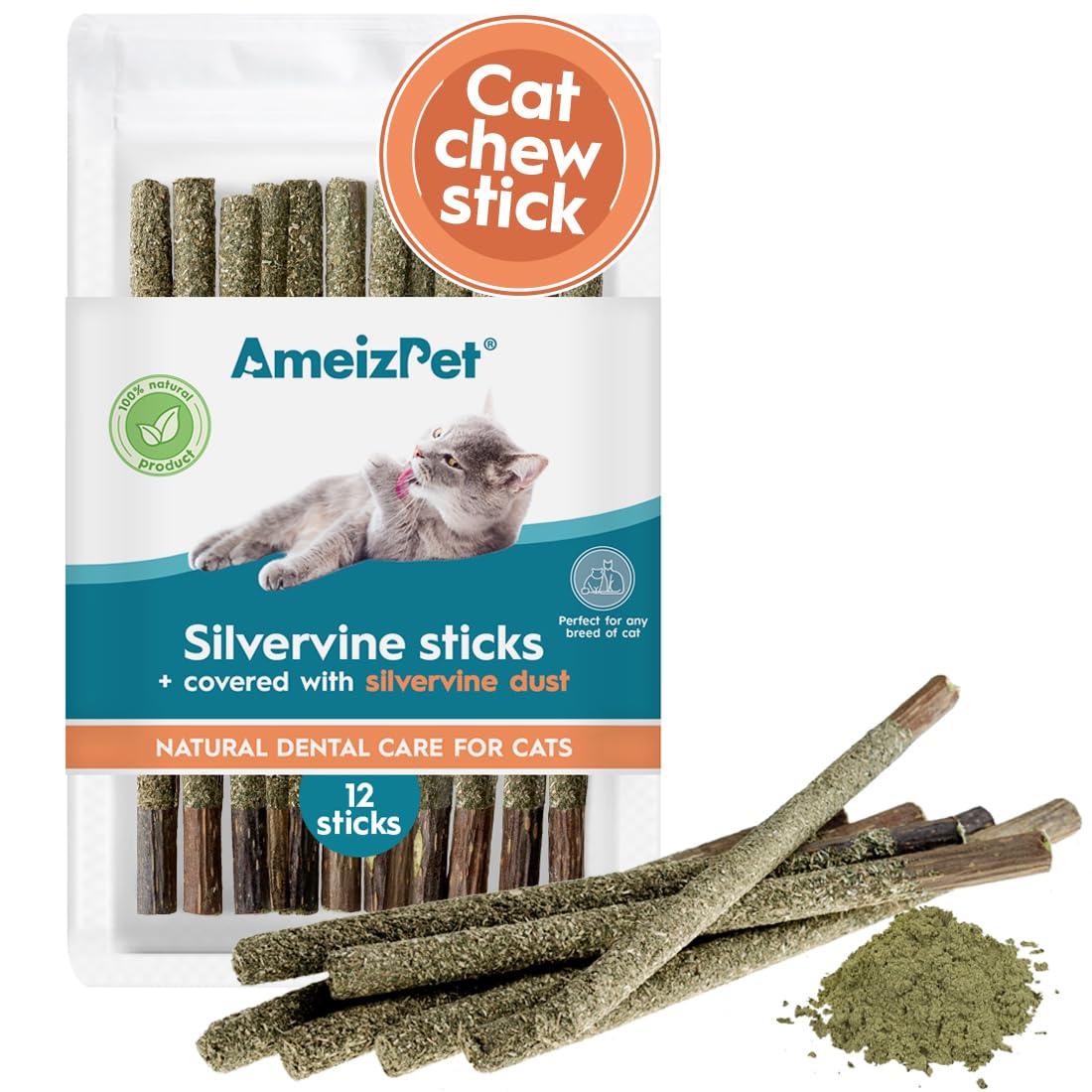 Ameizpet Silvervine Sticks For Cats, Chew Sticks Covered With Silvervine Dust - Natural Matatabi Cat Dental Care, Catnip Cat Teeth Cleaning Dental Sticks, 12 Pcs