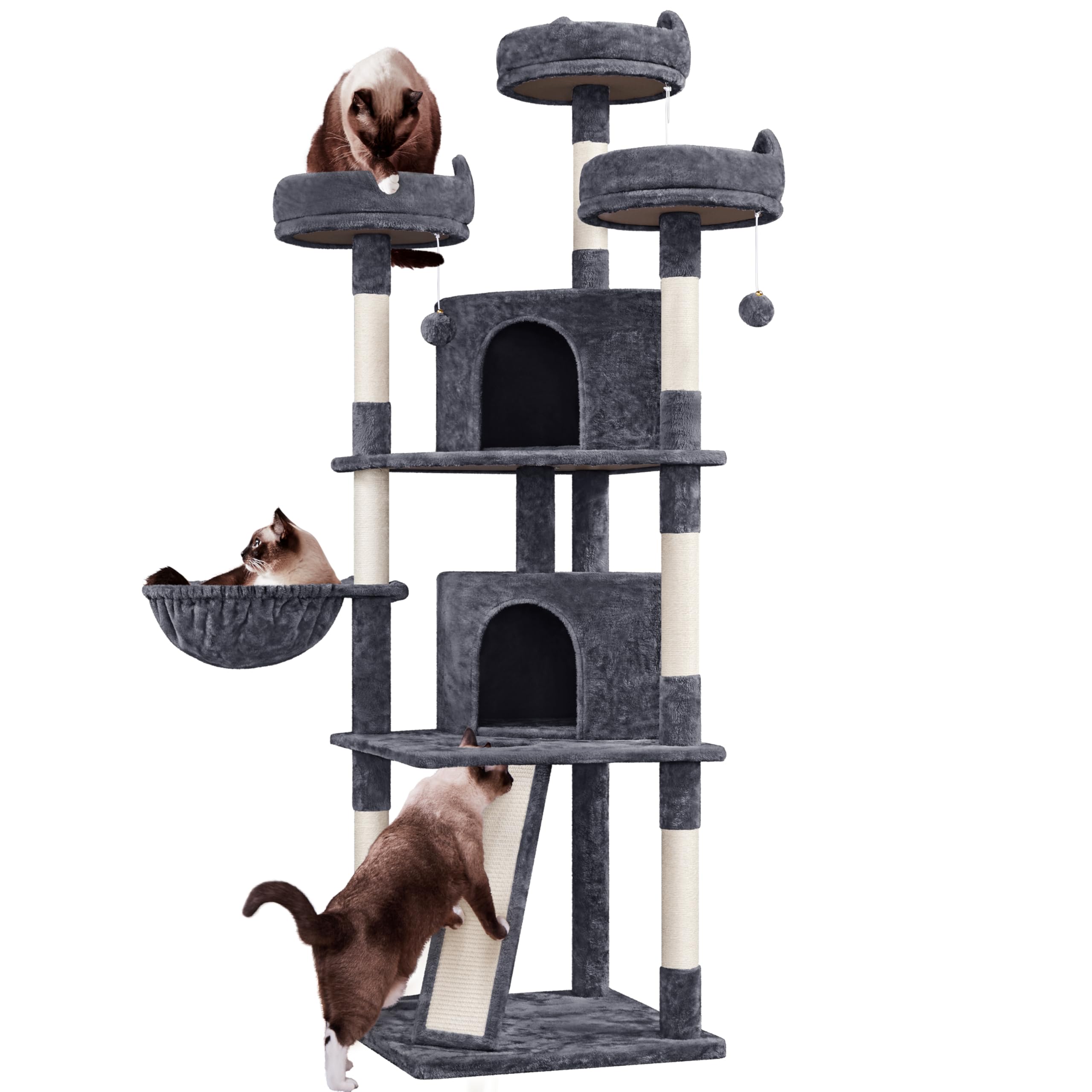 Yaheetech 76''H Large Cat Tree, Multilevel Cat House Plush Cat Tower With 2 Condos & 8 Scratching Posts For Kittens, Dark Gray