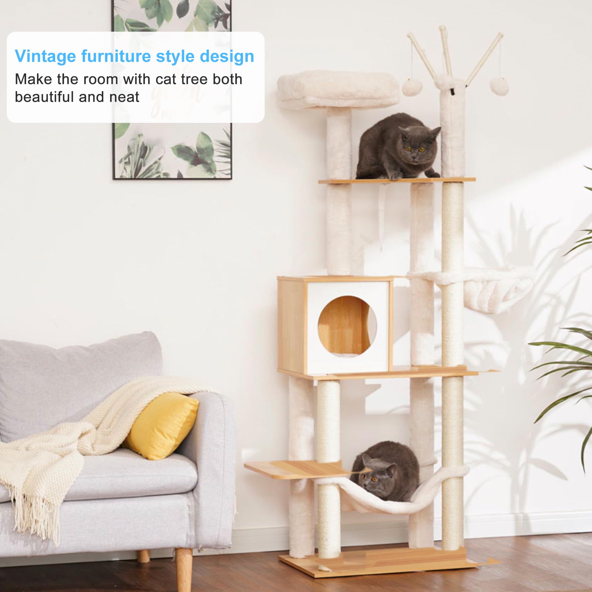 Hey-Brother Wooden Cat Tree, 66.1 Cat Furniture With Scratching Posts, Modern Cat Tower With Hammocks, Toys, Cat Condo, Walnut M