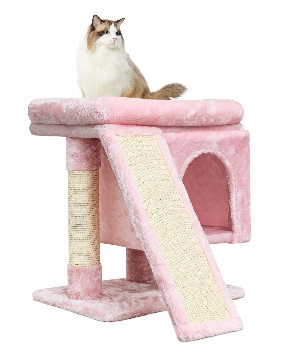 Syandlvy Small Pink Cat Tree With Perch For Indoor Cats, Cat Tower With Scratching Post, Modern Activity House For Large Cats, C