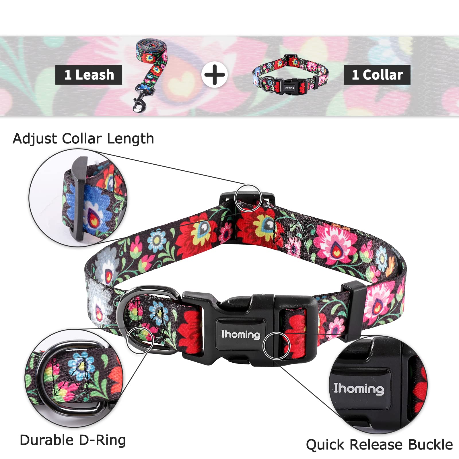 Ihoming Dog Collar and Leash Set for Daily Outdoor Walking Running Training, Black Colorful Flowers Design for Small Boys Girls