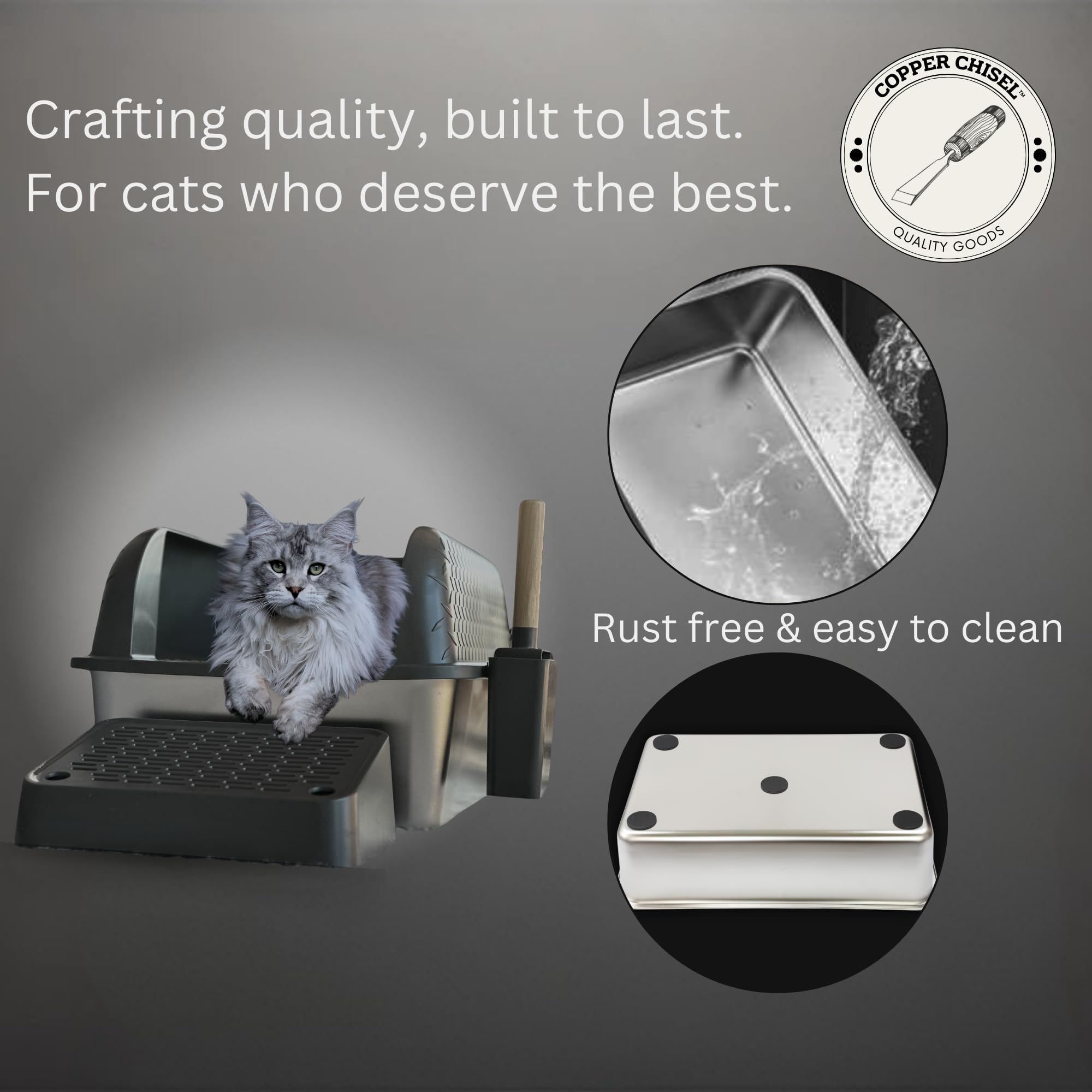 X Large Stainless Steel Cat Litter Box High Sided Covered Lid Enclosure Includes Litter Scoop with Holder Trapping Mat Essential