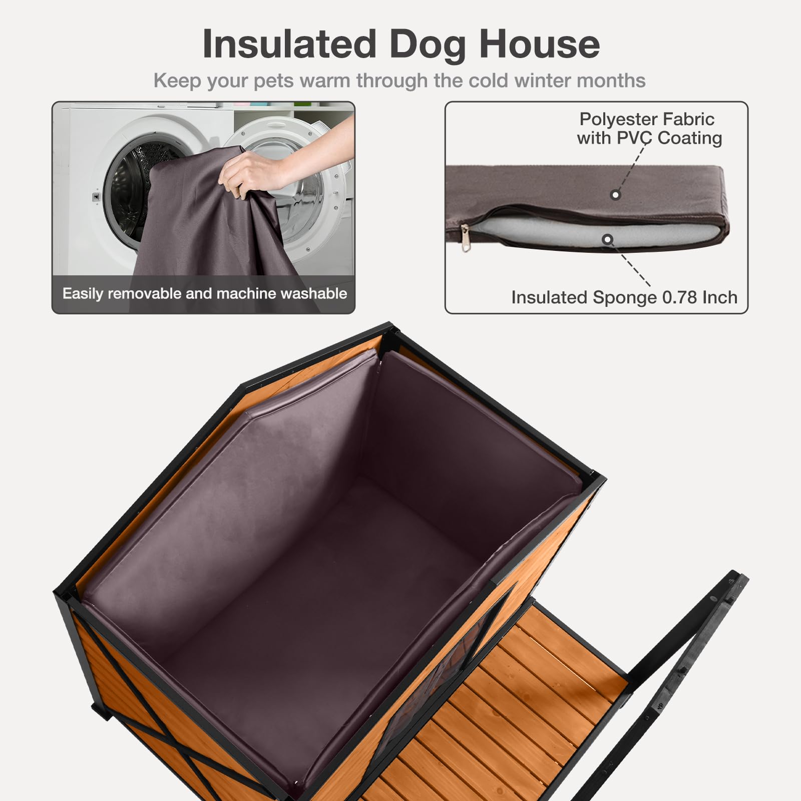 Medehoo Insulated Dog House Outdoor - Large All-Around Iron Frame - Fir Wood Construction And Weatherproof- Ideal For All Dog Br