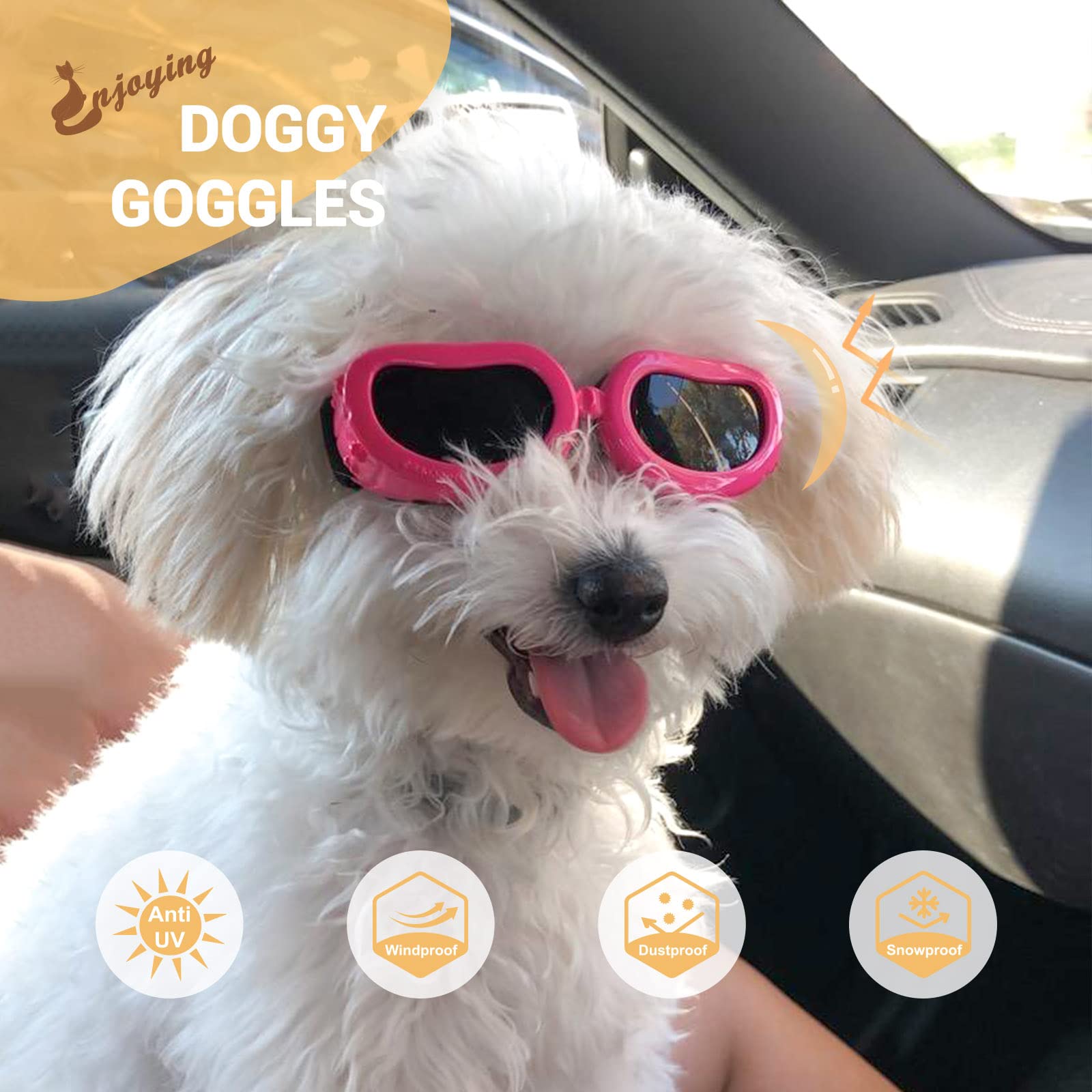 Enjoying Dog Goggles Small Breed, Uv Protection Sunglasses For Dogs Small Breed, Windproof Driving Doggy Goggles, Snow Day Dog Eye Protection, Anti-Fog Dustproof, Adjustable Straps, Pink