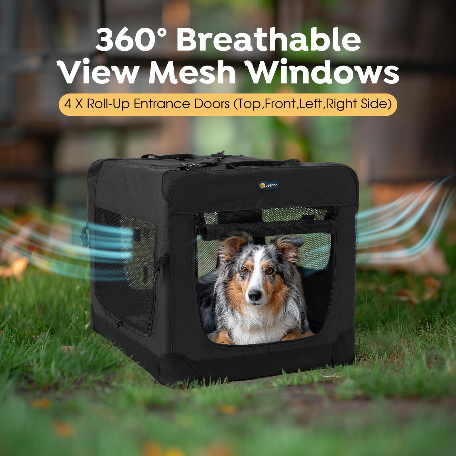 Veehoo 36 Inch Folding Soft Dog Crate, 4-Door Portable Collapsible Pet Kennel Travel Dog Crate For Large Dogs, 5 X Durable Mesh
