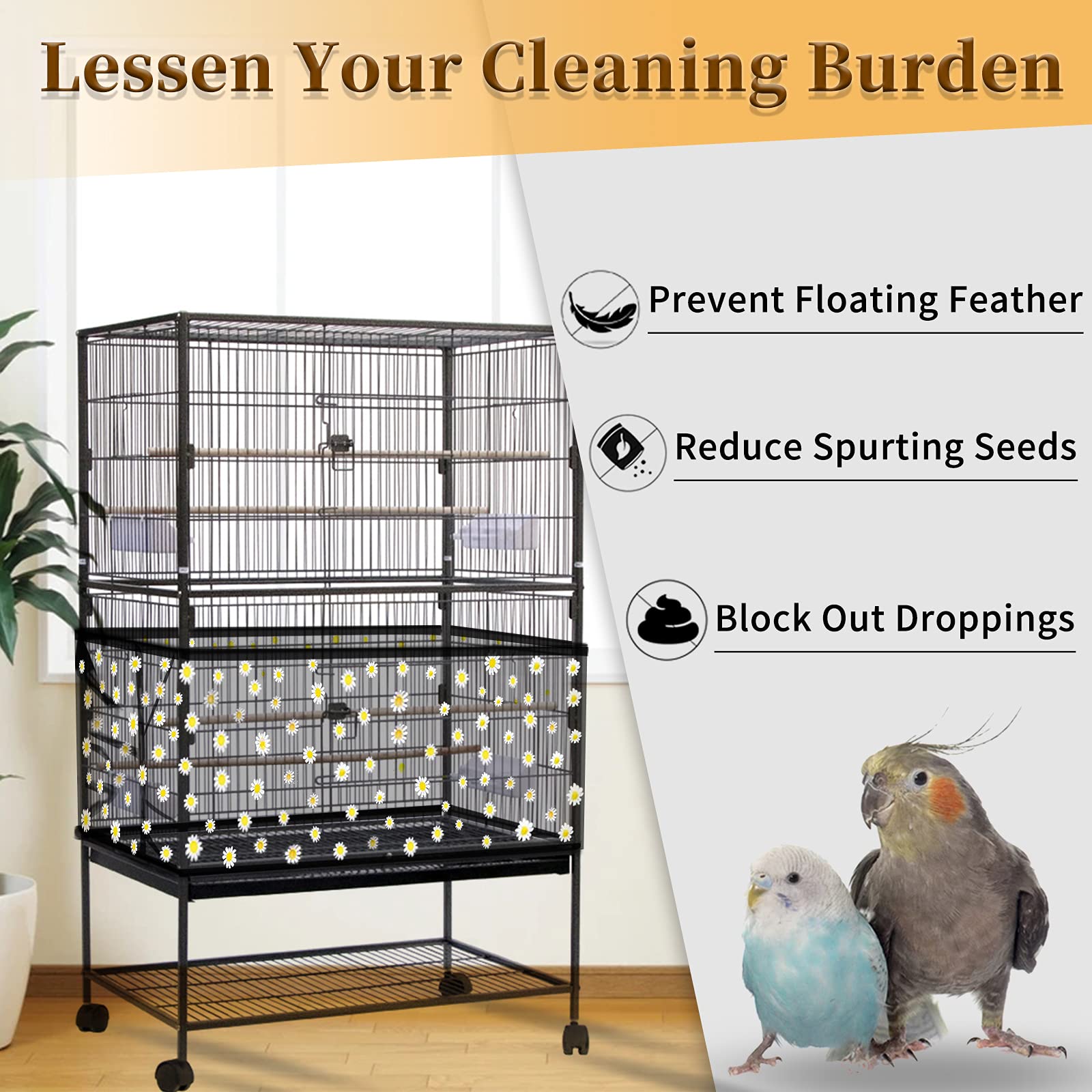 Daoeny Large Bird Cage Cover, Bird Cage Seed Catcher, Adjustable Soft Nylon Mesh Net With Daisy Pattern, Birdcage Cover Skirt Seed Guard For Parrot Parakeet Macaw Round Square Cages (Black)