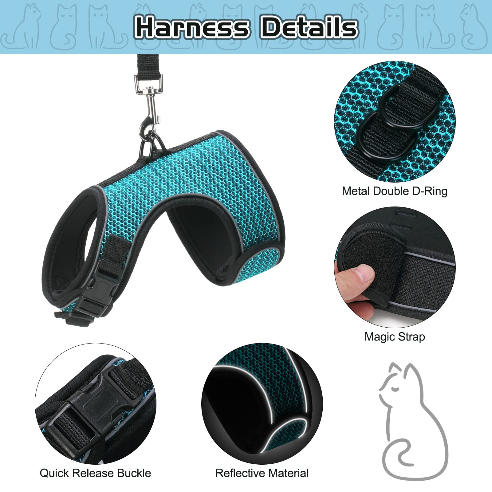 Pupteck Soft Mesh Cat Vest Harness And Leash Set Puppy Padded Pet Harnesses Escape Proof For Cats Small Dogs (Large, Lake Blue)