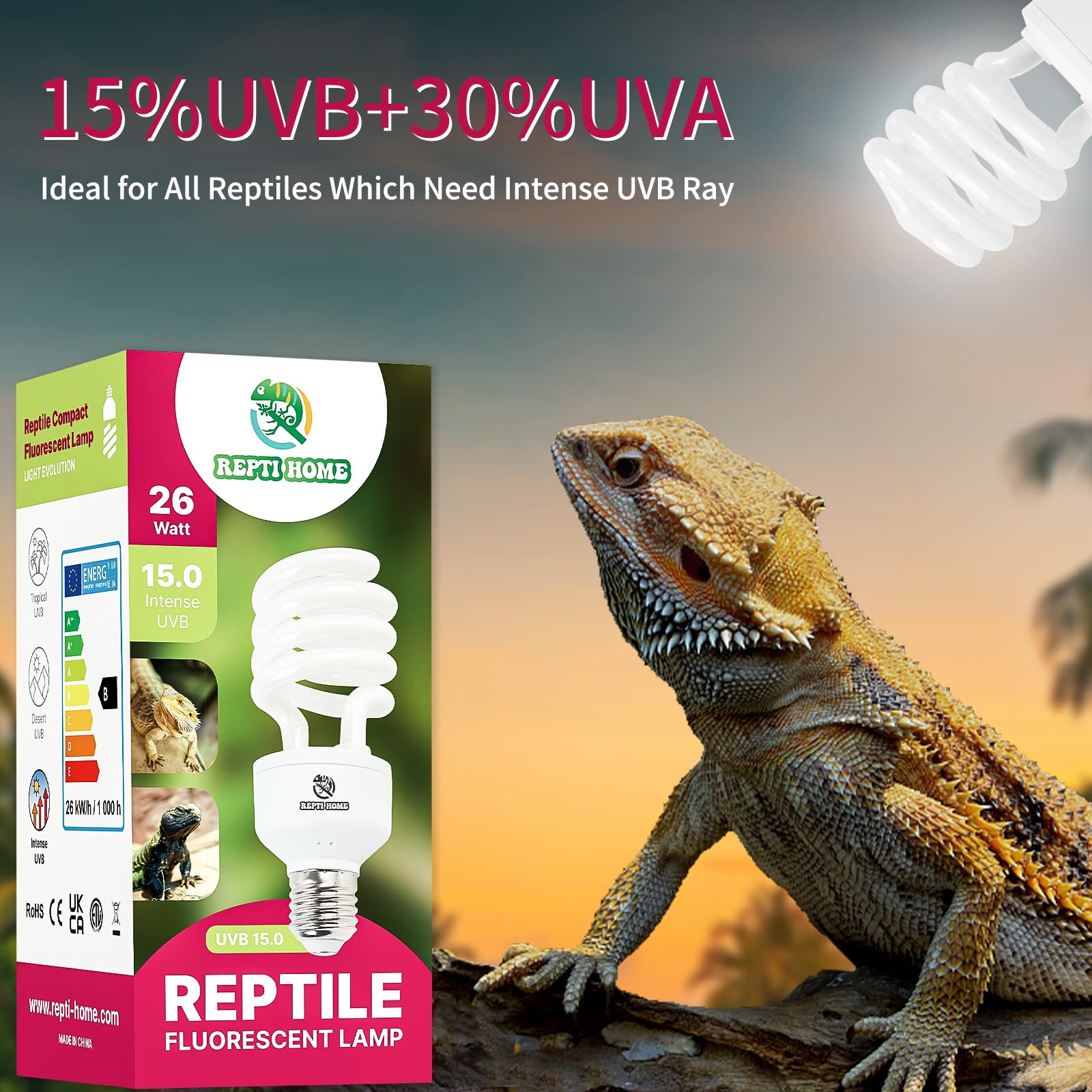 Repti Home Uvb Reptile Light 15.0, 26W Intense Uva Uvb Bulb For Reptiles, Terrarium Compact Fluorescent Lamp, Reptile Uvb Light Bulb For Desert Reptiles & Amphibians