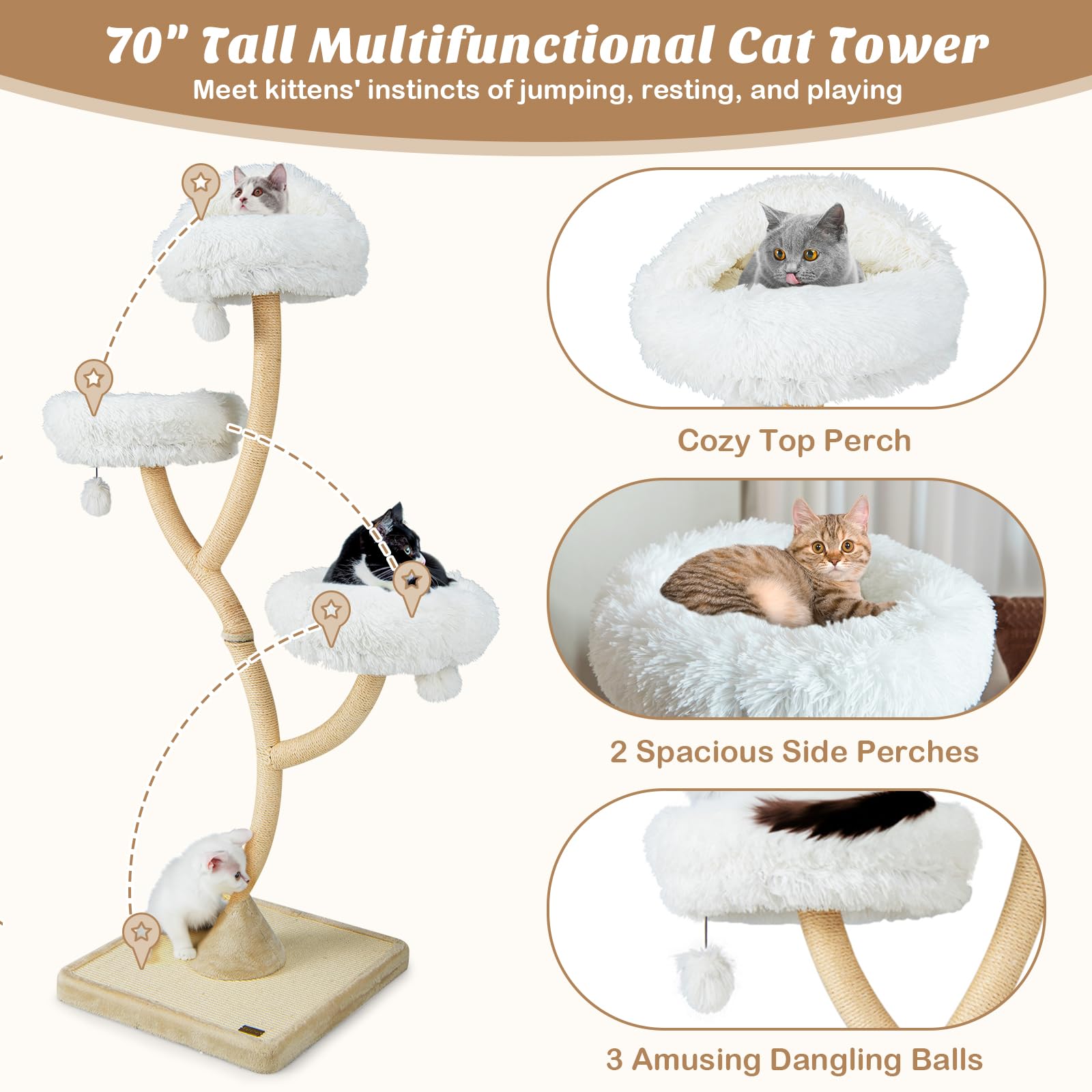 Petsite 70 Tall Cat Tree, Cat Tower With Scratching Posts And Board, Multi-Level Cat Tower For Large Cats 20 Lbs+ With 3 Cozy
