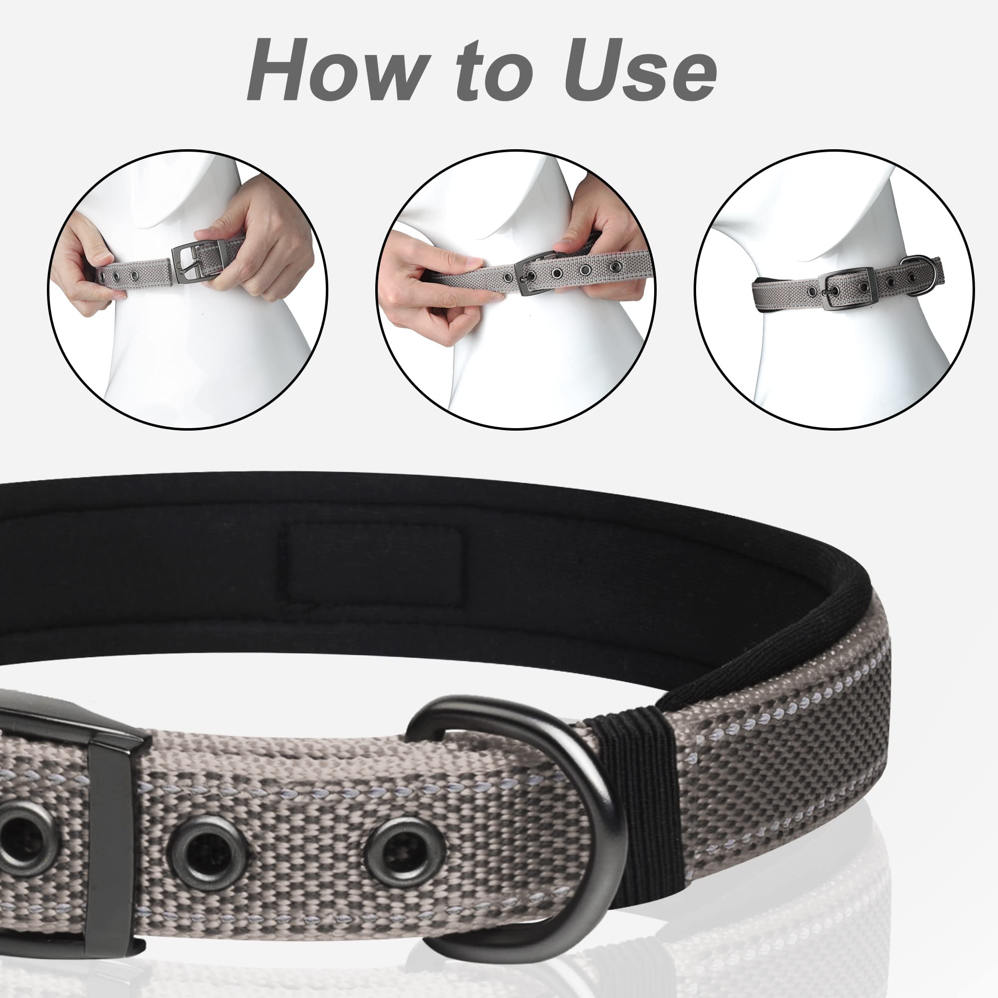 Petifine Neoprene Padded Dog Collar, Heavy Duty Comfort Dog Collar With Durable Metal Buckle, Reflective Adjustable Belt Buckle Dog Collars For Small Medium Large Dogs(11?14.5? Grey)