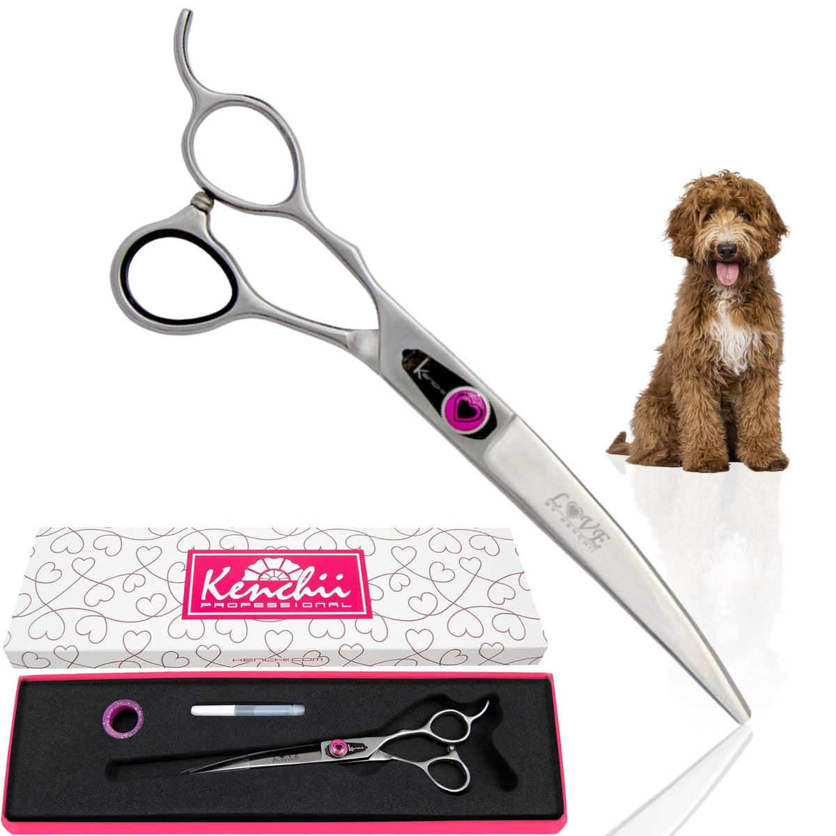 Kenchii Left Handed Dog Grooming Scissors | 7 Inch Shears | Curved Scissors For Dog Grooming | Love Collection Dog Shears | Pet Grooming Accessories | Pet Hair Trimming Scissor