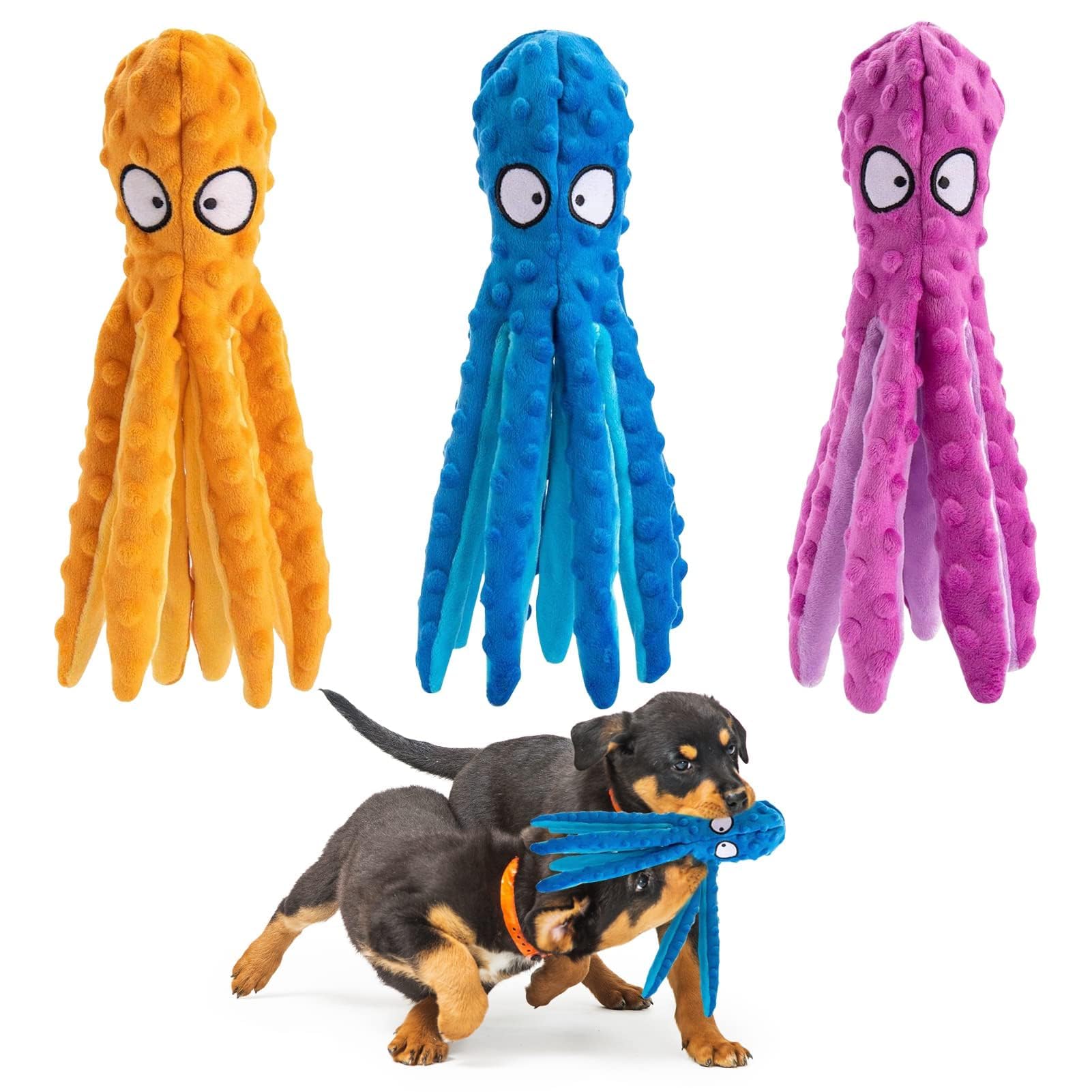 Alphatool Squeaky Dog Toys, Octopus Dog Toys For Aggressive Chewers, Tough No Stuffing Plush Dog Toys For Large Dogs, Crinkle Interactive Puppy Dog Toys For Small Medium Dogs(3Pcs)