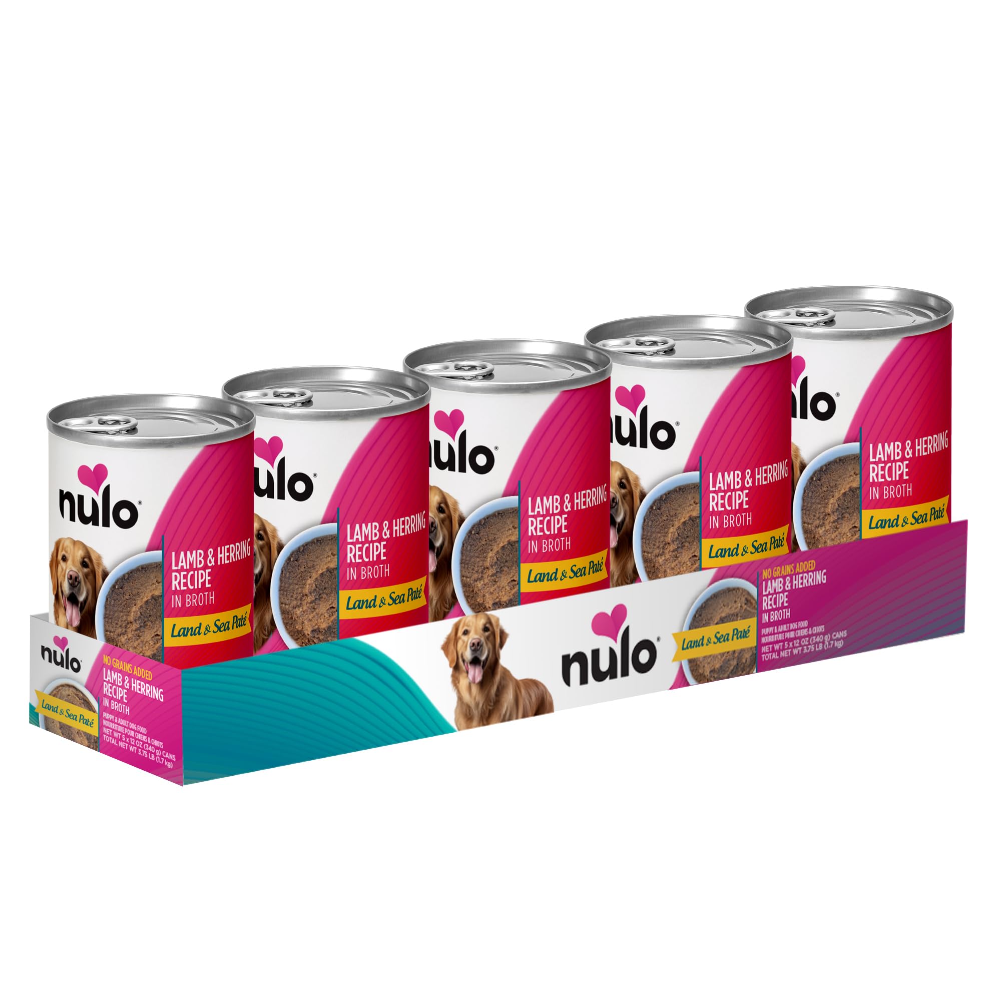 Nulo Land & Sea for Adult Dogs & Puppies Lamb & Herring Recipe in Broth 12 Ounce Cans, Pack of 5