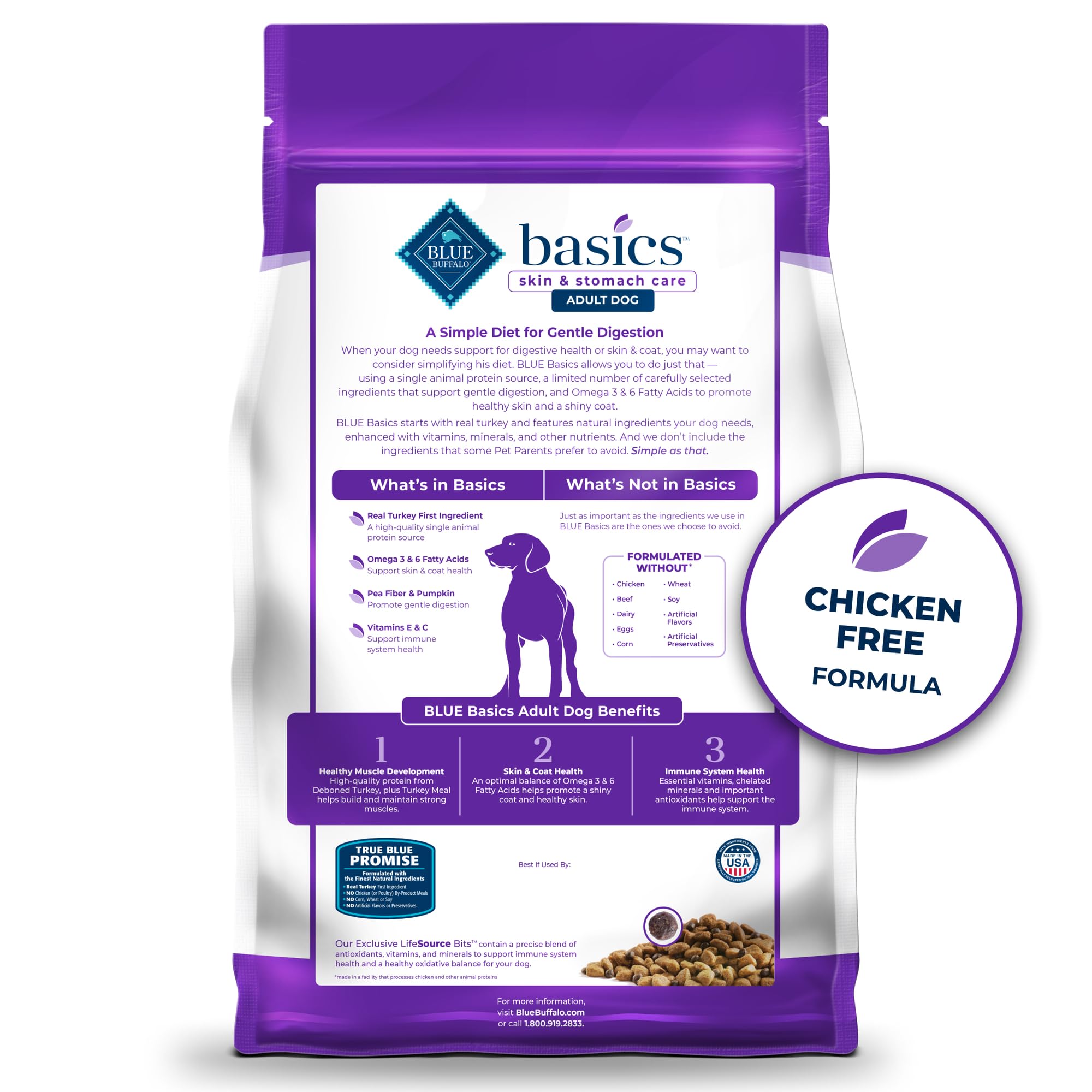 Blue Buffalo Basics Adult Dry Dog Food, Skin & Stomach Care, Limited Ingredient Diet for Dogs, Turkey Recipe, 11-lb. Bag
