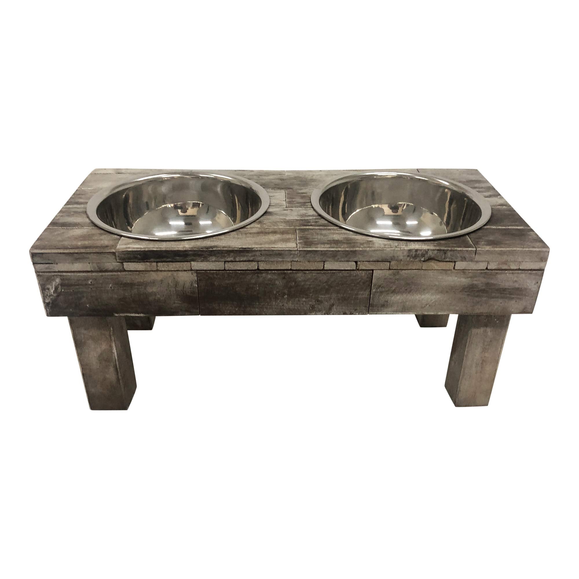 Huntley Equestrian Pet Berjen Table Elevated Double Bowl Pet Feeder, Brown Wash (Small), 2191