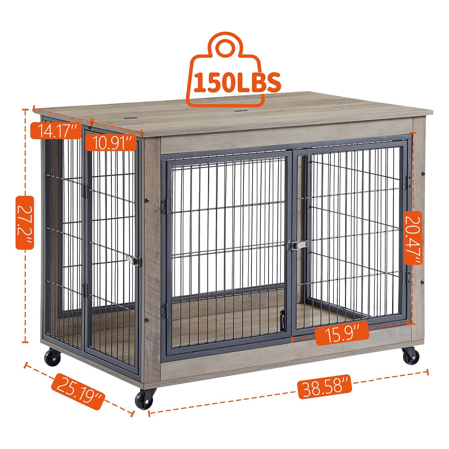 IchbinGo Wooden Dog Crate Furniture, 38.5 Dog Kennel with 3 Doors, Flip-up Top Opening and Wheels, Decorative Pet Crate Dog Hous