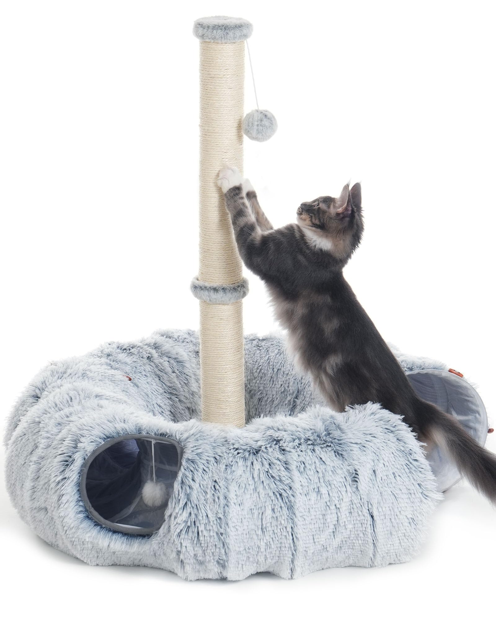 Aechonow 3-in-1 Cat Toys, 34 Tall Cat Scratching Post with Donut Tunnel, Fluffy Plush Peekaboo Cave for Indoor Pets Such as Ki