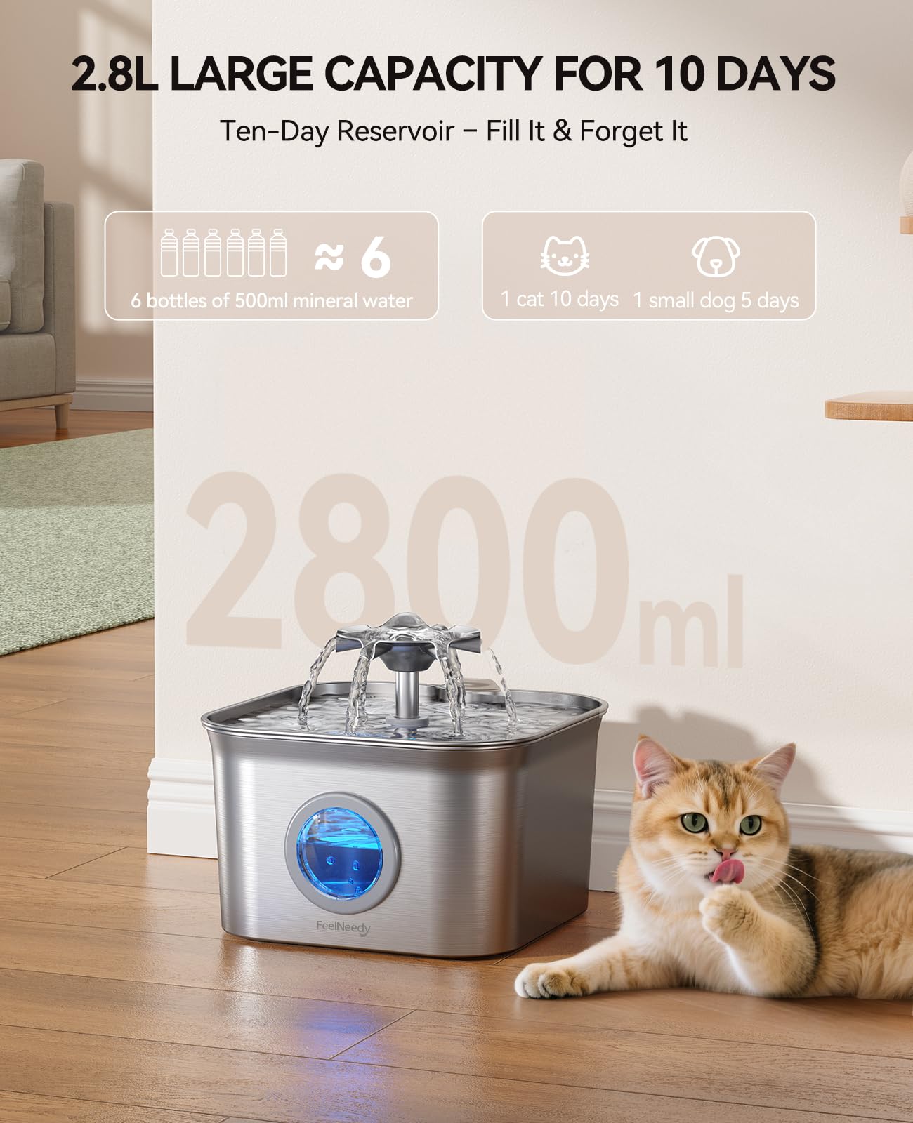 Stainless Steel Cat Water Fountain, 2.8L with 20dB Ultra-Quiet Pump- Ideal for Timid Pets, LED Water Level Window, Dishwasher Sa