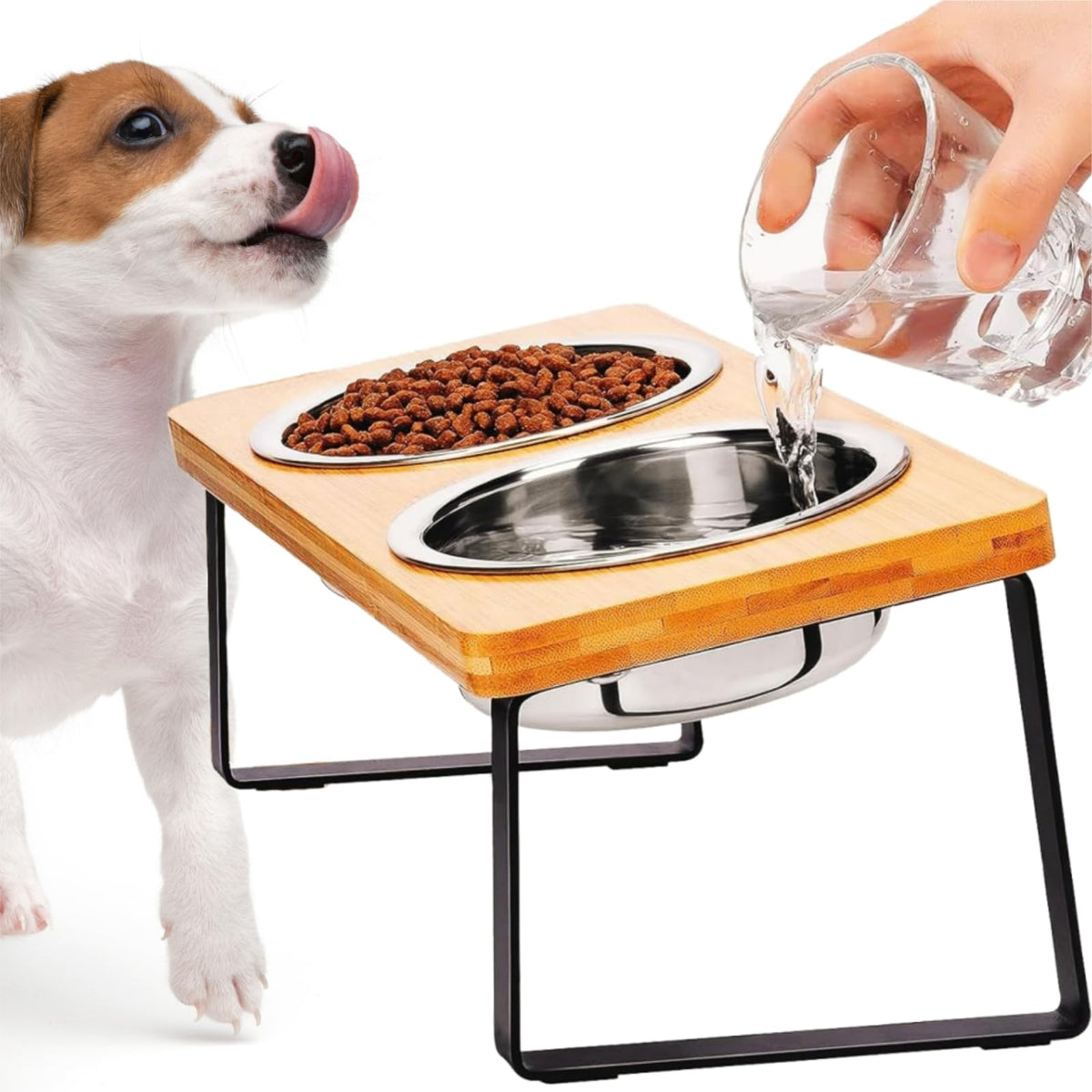 Funacay Elevated Dog Bowls - Double 54 Oz Bowls, Bamboo 15 Tilted Raised Dog Bowl Stand With 2 Stainless Steel Bowls For Small &