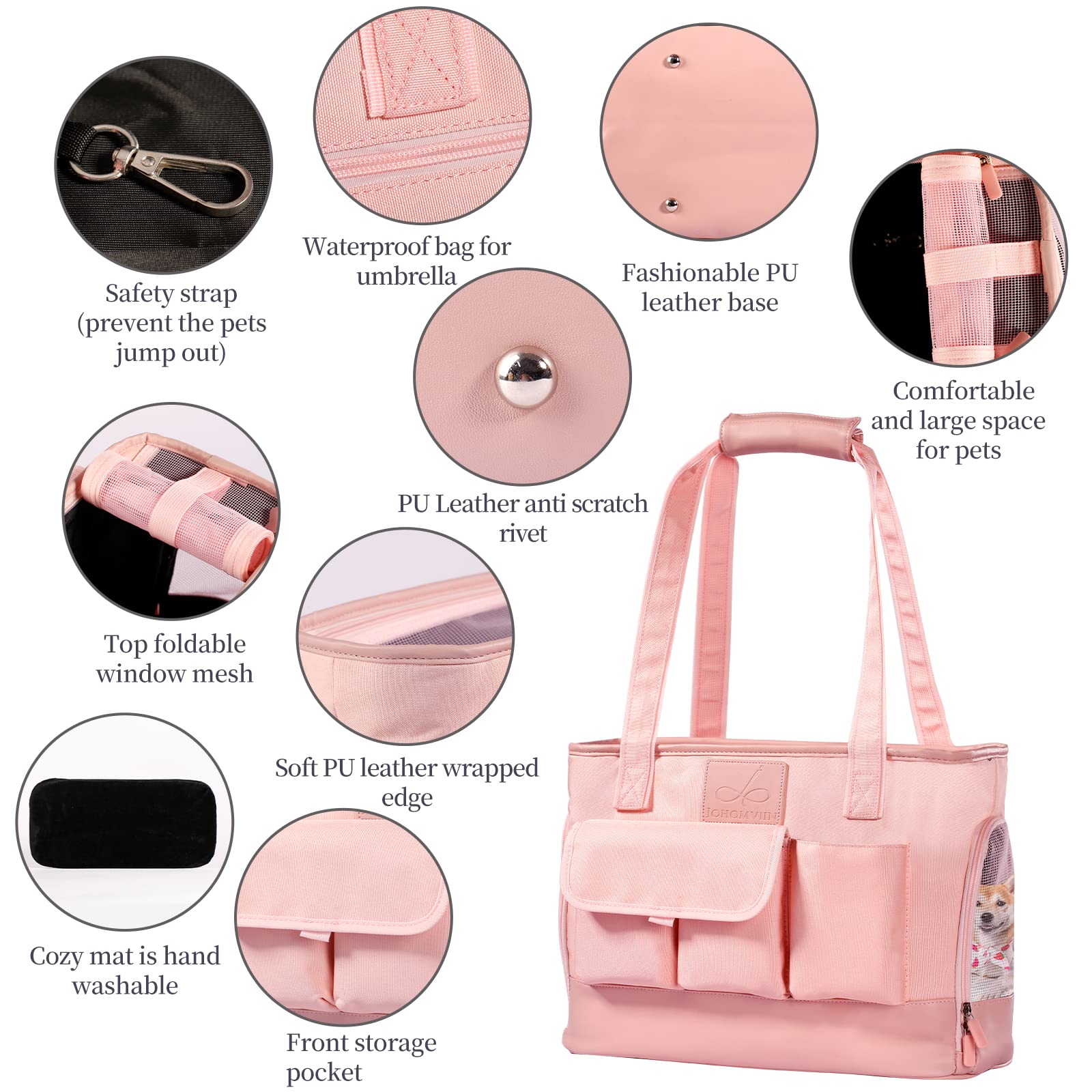 Johomviin Dog Carrier, Cat Carrier, Pet Carrier, Foldable Waterproof Premium Pu Leather Oxford Cloth Dog Purse, Portable Tote Bag Carrier For Small To Medium Cats And Small Dogs (Pink)