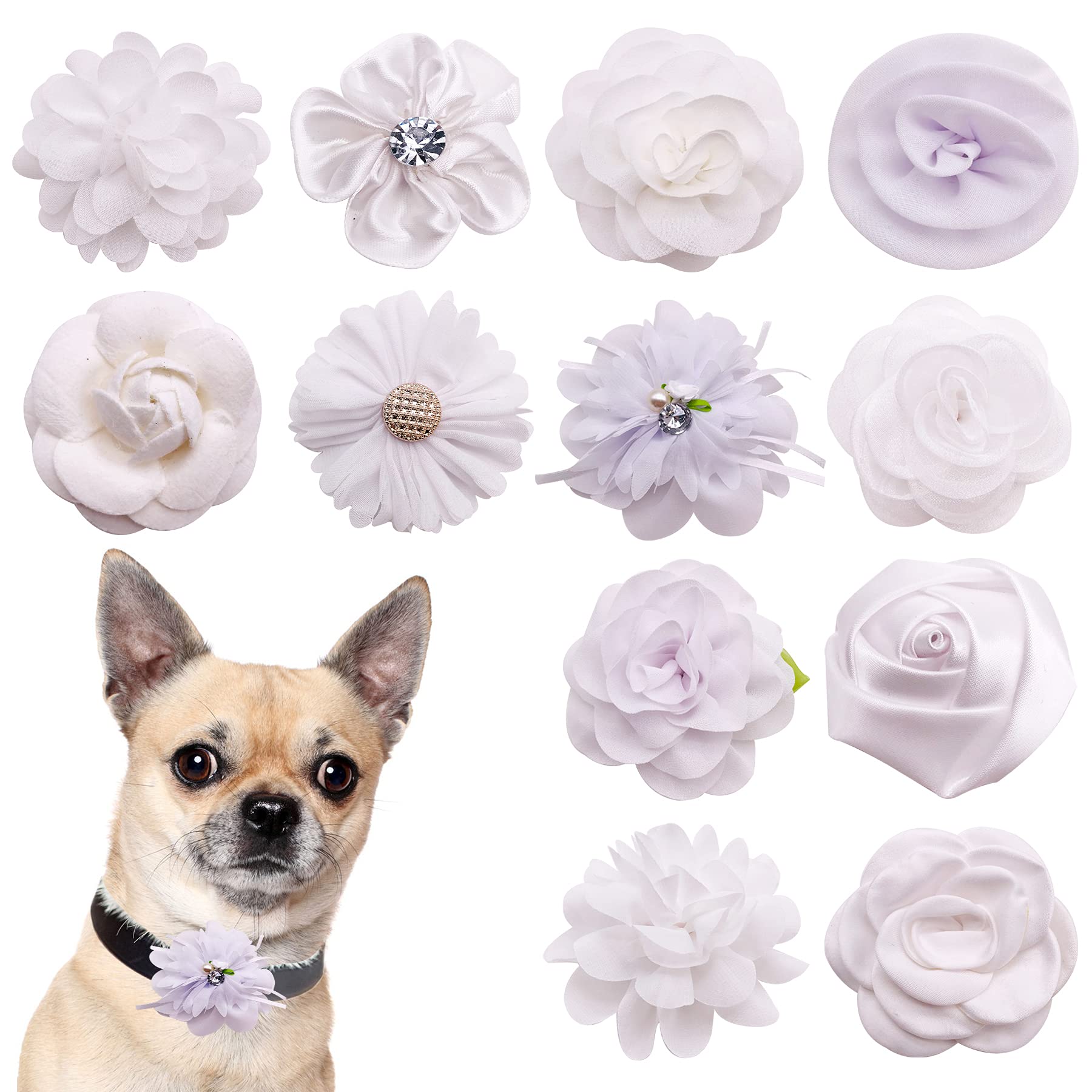 Pet Show 12Pcs White Dog Collar Bows And Flowers Attachment For Girls Puppies Cats Female Small Medium Dogs Collars Embellishmen