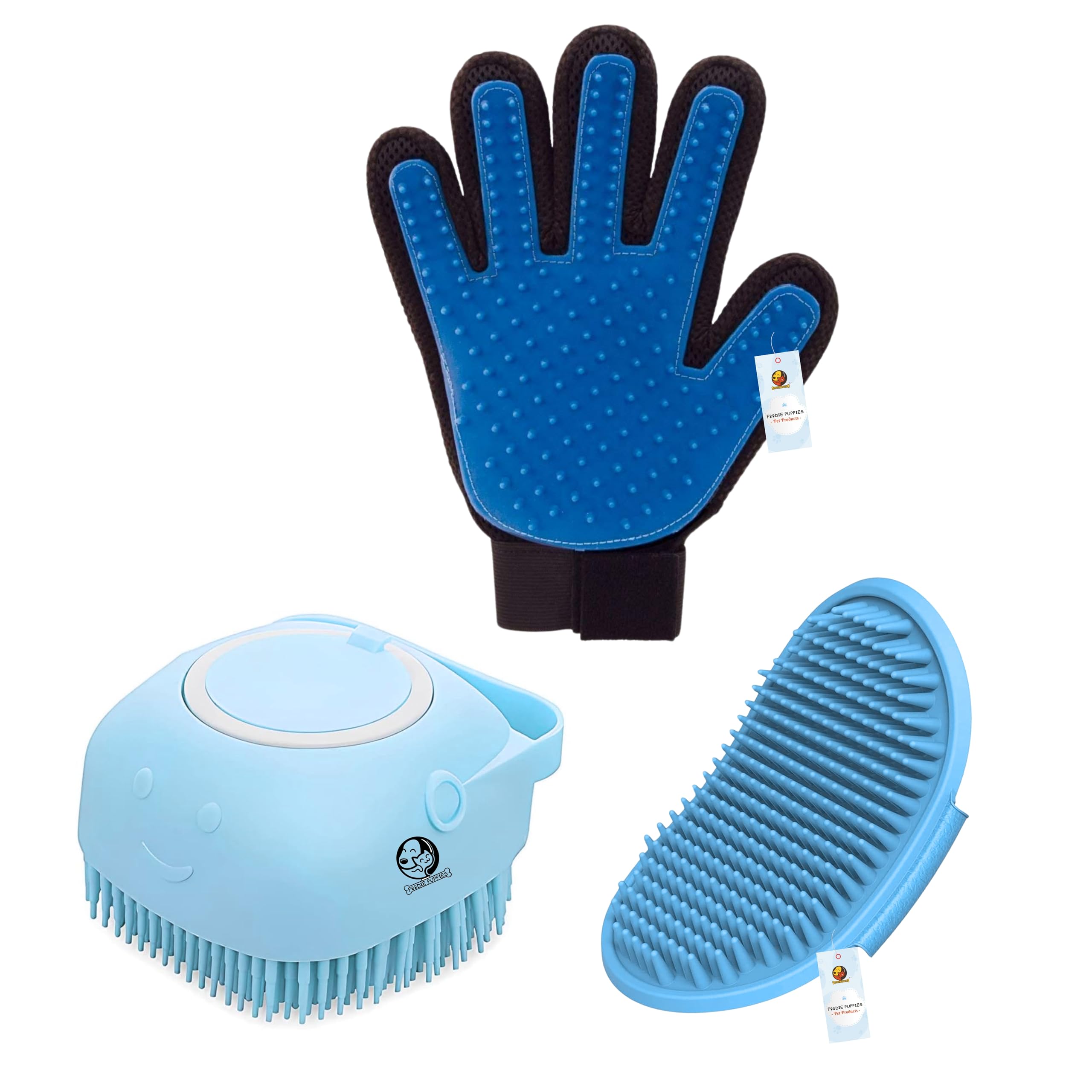 Foodie Puppies 3In1 Pet Grooming, Deshedding & Massaging Combo - (True Touch Glove+ Hand Glove + Shampoo Dispenser) For Dogs Cat