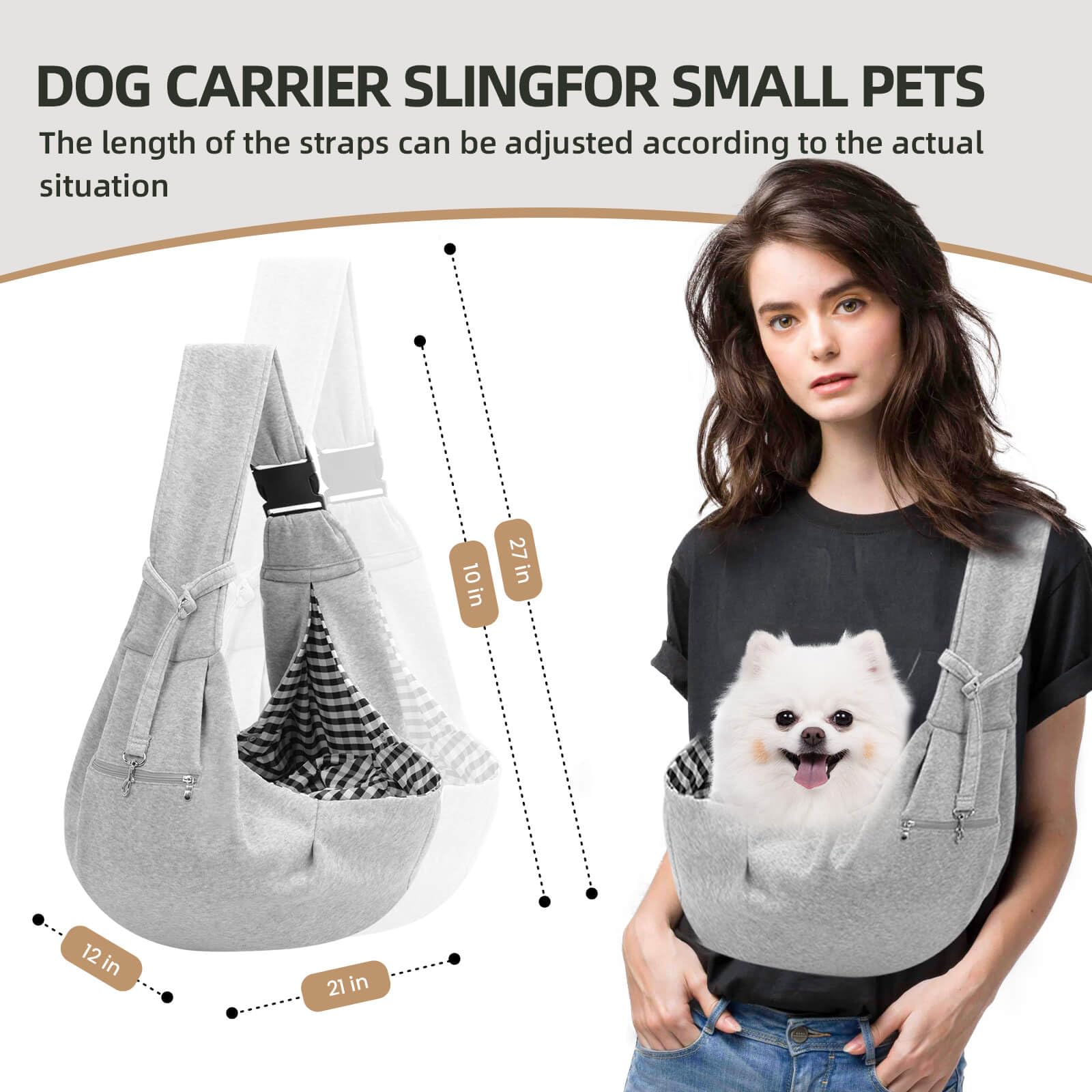 Adjustable Dog Carrier Sling - Hand-Free Dog Carriers For Small Dogs And Cats, Puppy Sling Carrier With Zipper Purse Pocket, Tra