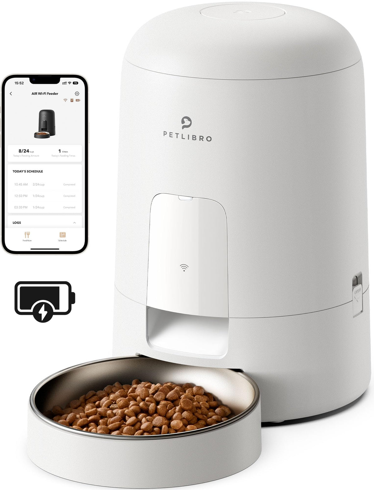 Petlibro Automatic Cat Feeder, Wi-Fi Rechargeable Cat Food Dispenser Battery-Operated With 30-Day Life, Air 2.4G Wi-Fi Timed Pet Feeder For Cat & Dog, 2L Auto Cat Feeder, White