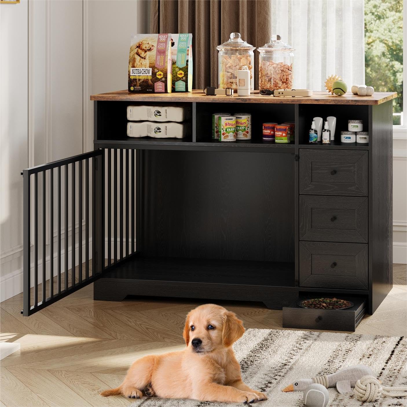 GarveeHome Dog Crate Furniture for Small Dogs, Wooden Dog Kennel Indoor with Storage Shelves, 3 Drawers & Hidden Bowl, Modern Pe