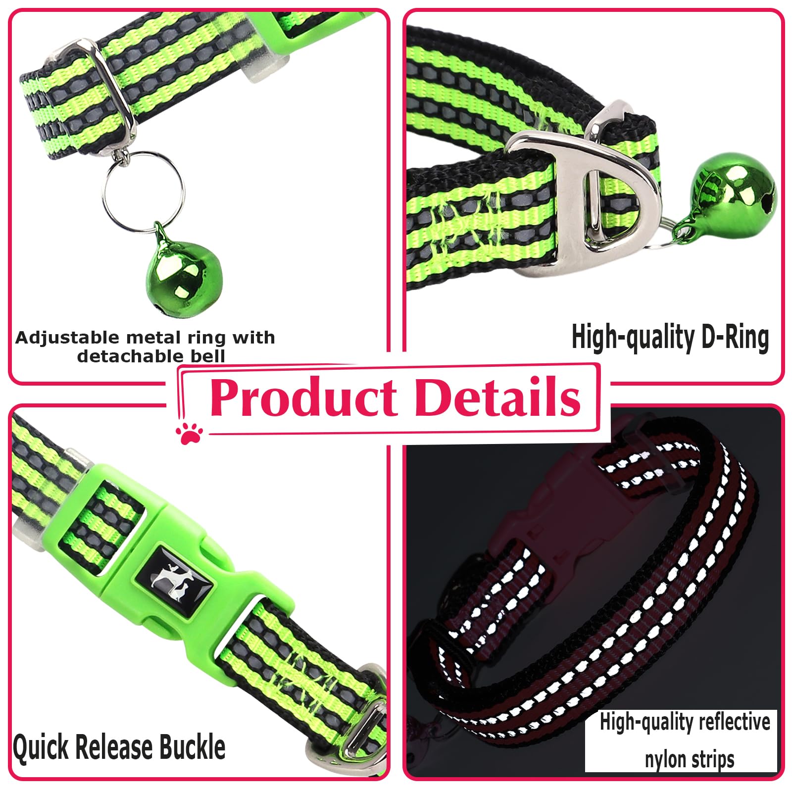 Xs/S Dog Collars With Bell - Reflective Nylon Adjustable Collar For Puppy High Visibility For Night Walks, For Puppies (Green Xs