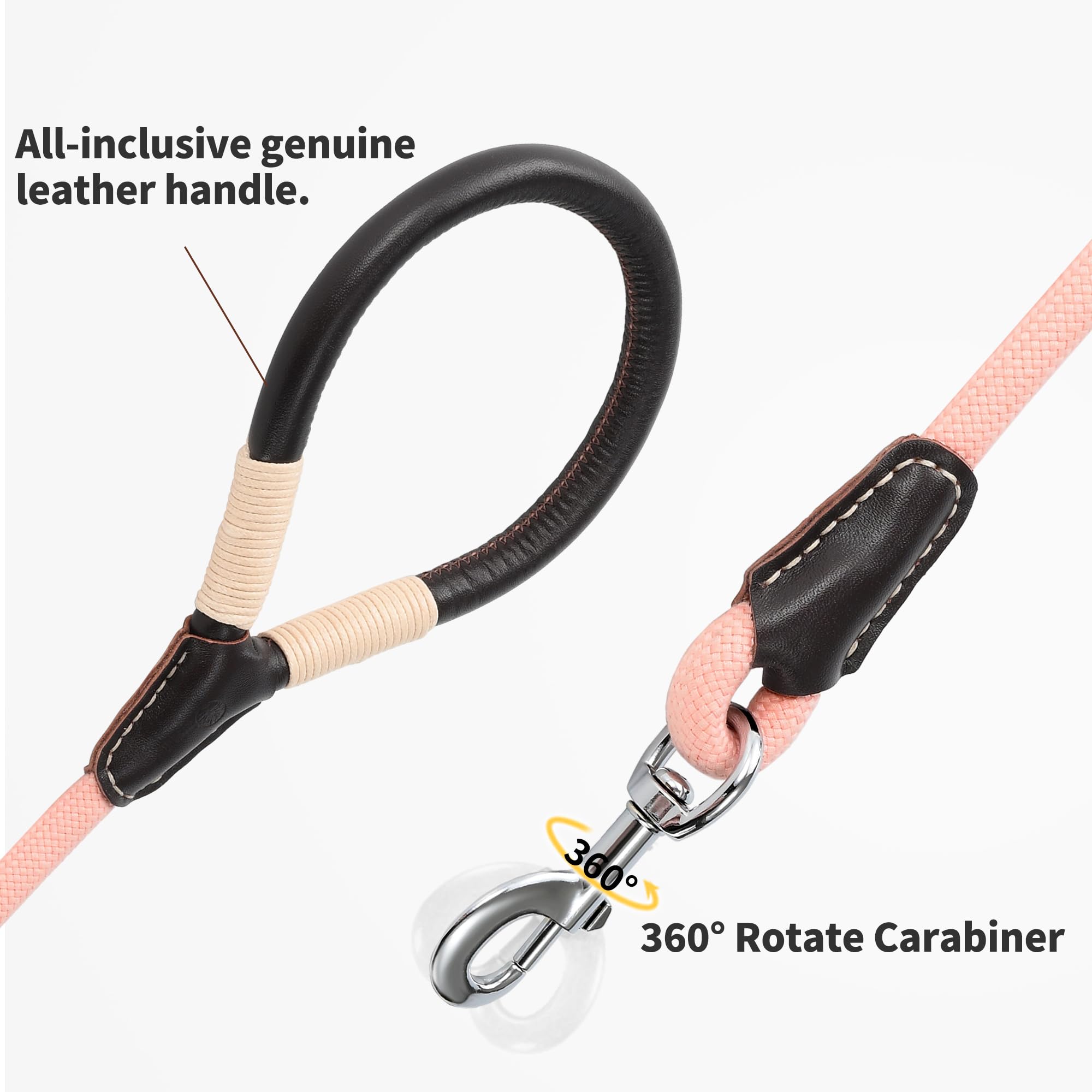 Mile High Life | Premium Leather Dog Leash | Strong Rope Dog Leash | Leather Handle | Heavy Duty Clasp | Small Medium Large Dogs | Diameter 1/2' (Pink, 5 Feet)