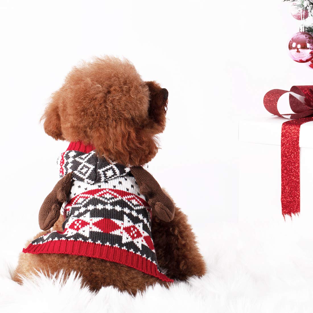 Kyeese Christmas Dog Sweater Hoodie Reindeer Red Dogs Knitwear Pullover Pet Sweater With Leash Hole Ugly Christmas Dog Sweater For Small Dogs