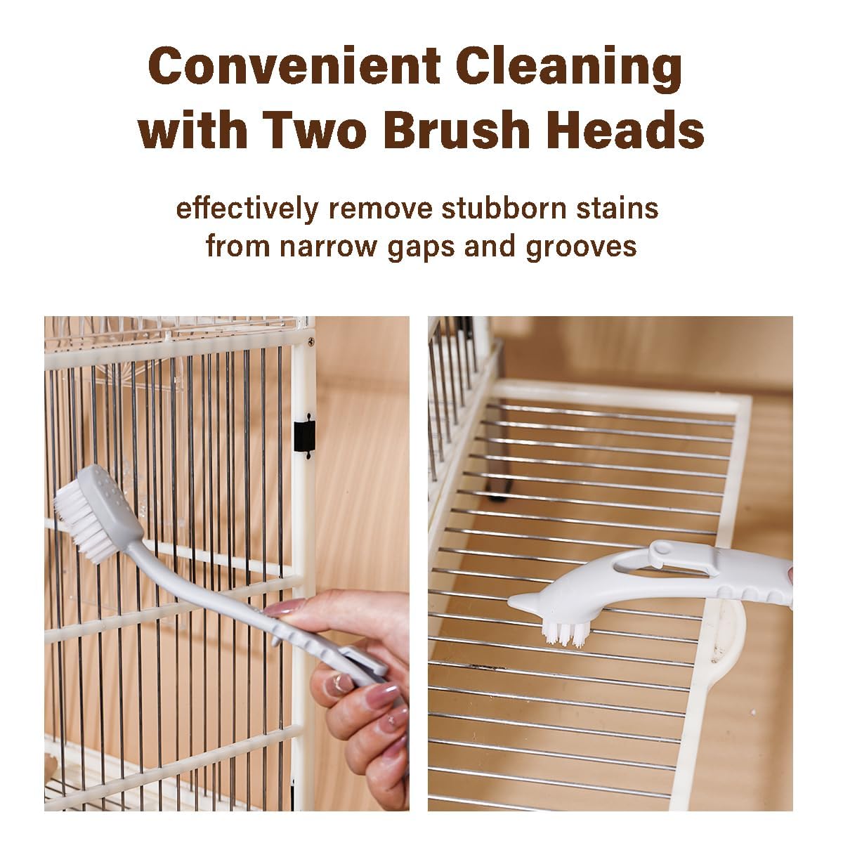 Manon Rosa Bird Cage Cleaner With Two Brush Heads Long Handle Tool For Cleaning Bird Parrot Cages Kennels Perches