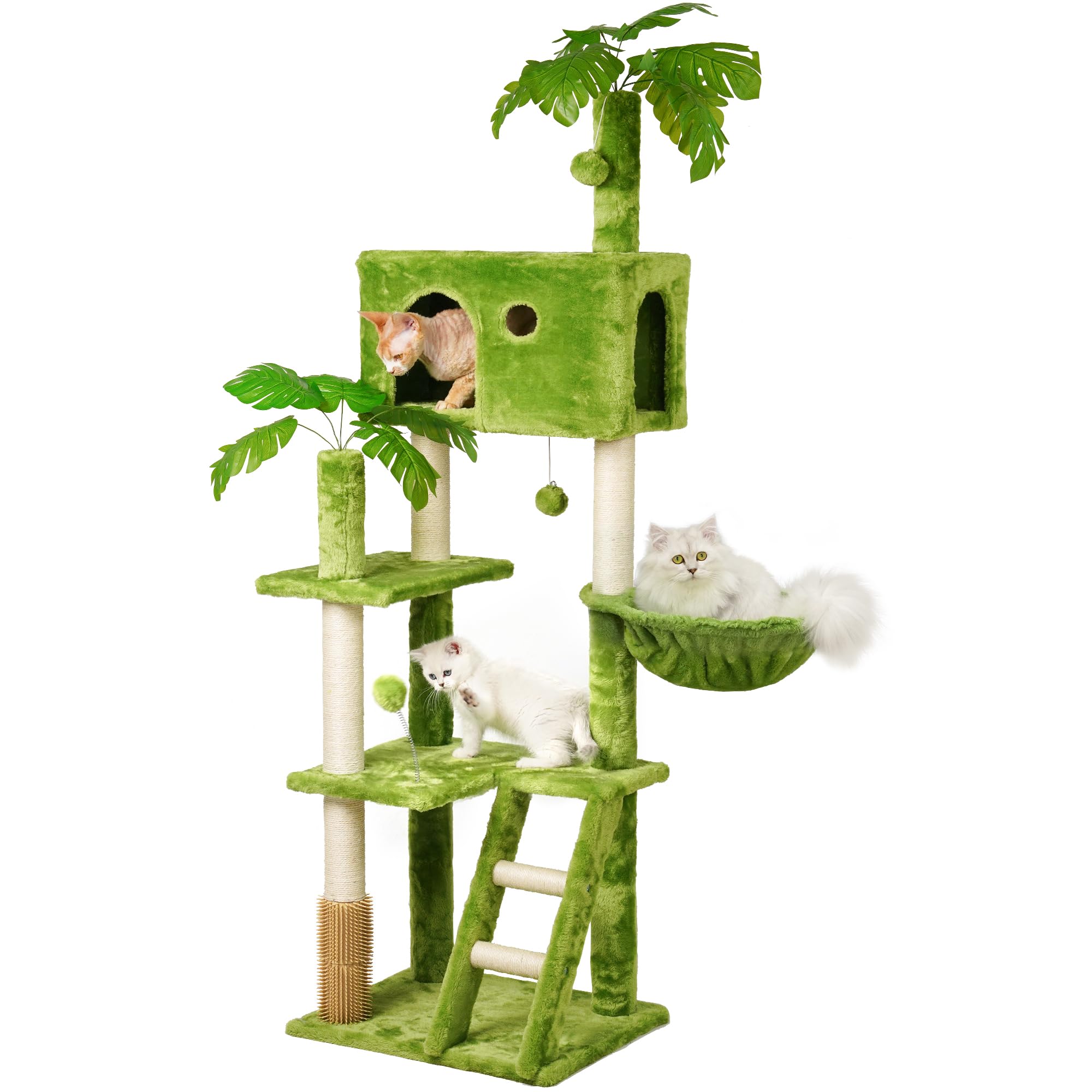 Meecal Large Cat Tree With Leaves For Indoor Cats Large Adult,65'' Green Cat Tower With Scratching Post,Hanging Hammock,Cozy Per
