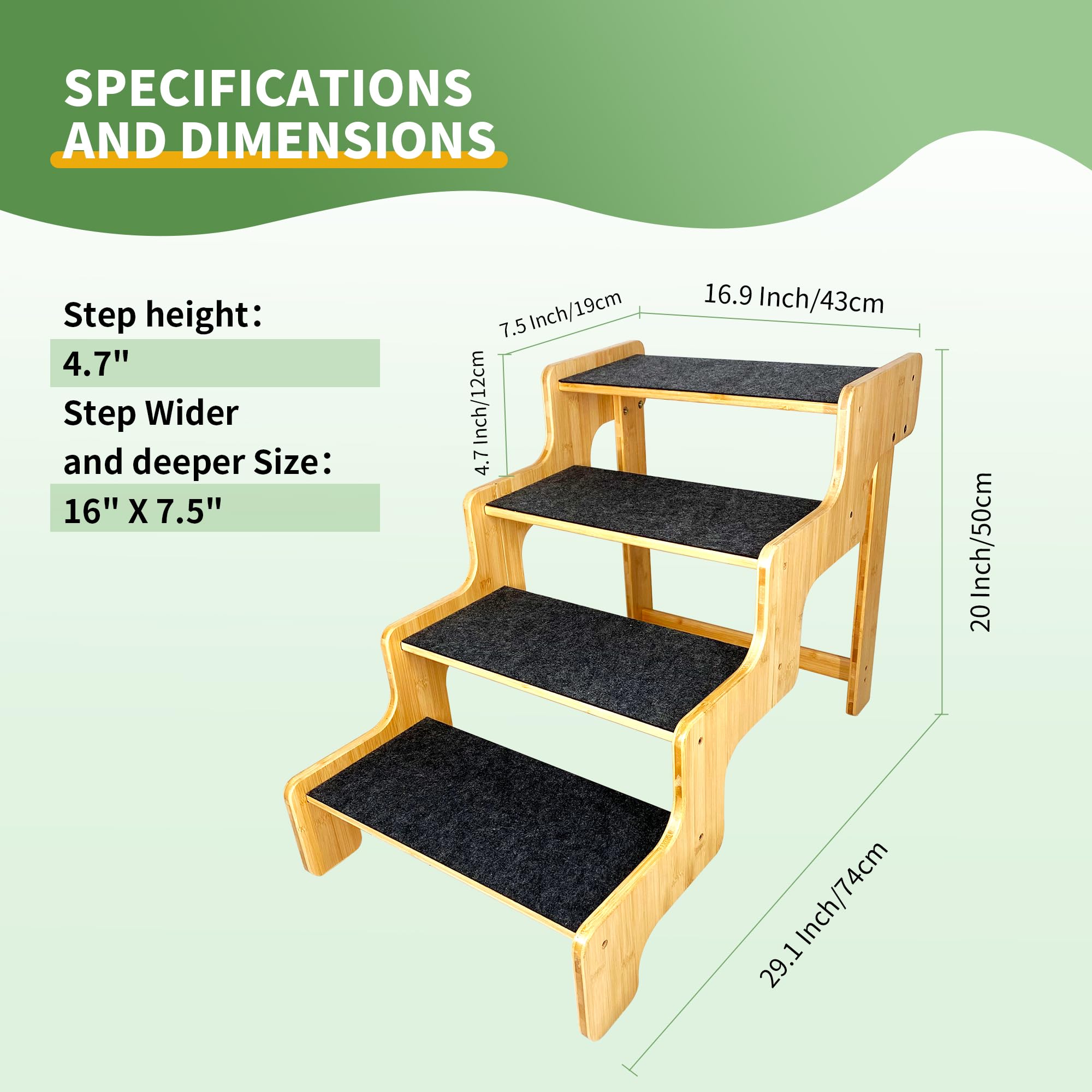 Dog Stairs For Large/Oldder Dogs,4 Steps Bamboo Wooden Pet Ramp For High Beds, Cars & Couch Sofa - Supports Dog Up To 160 Lb,20-