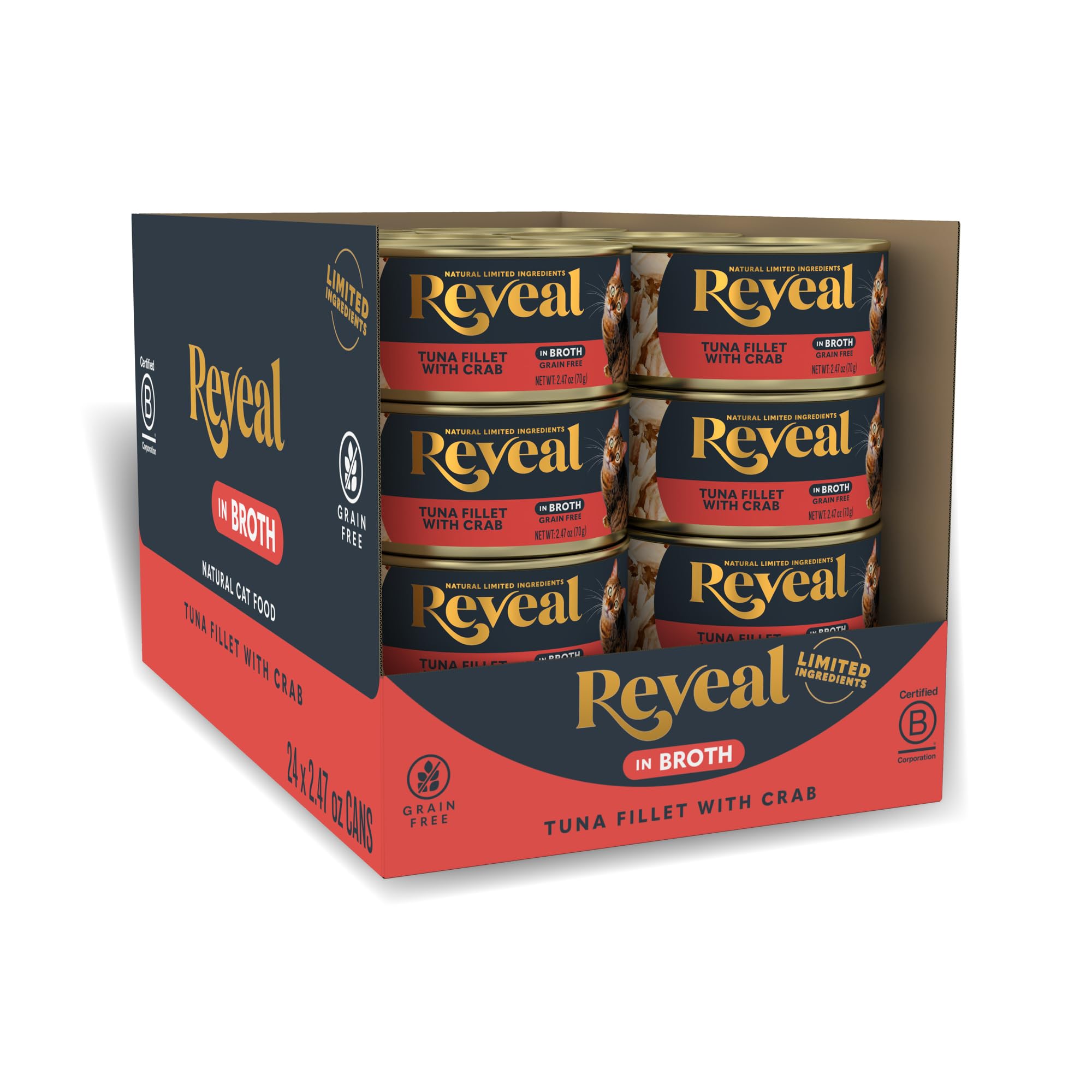 Reveal Natural Wet Cat Food, 24 Count, Grain Free, Limited Ingredient Canned Food for Cats, Tuna with Crab in Broth, 2.47 oz Can