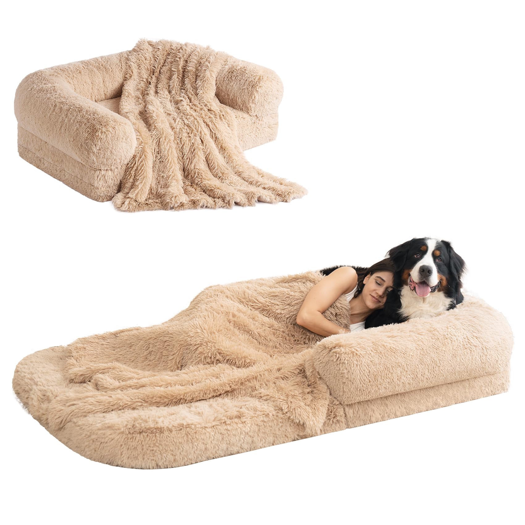 Eheyciga Foldable Human Dog Bed, Orthopedic Memory Foam Human Sized Dog Bed, Waterproof Pet Bed For People, Faux Fur Pet Couch F