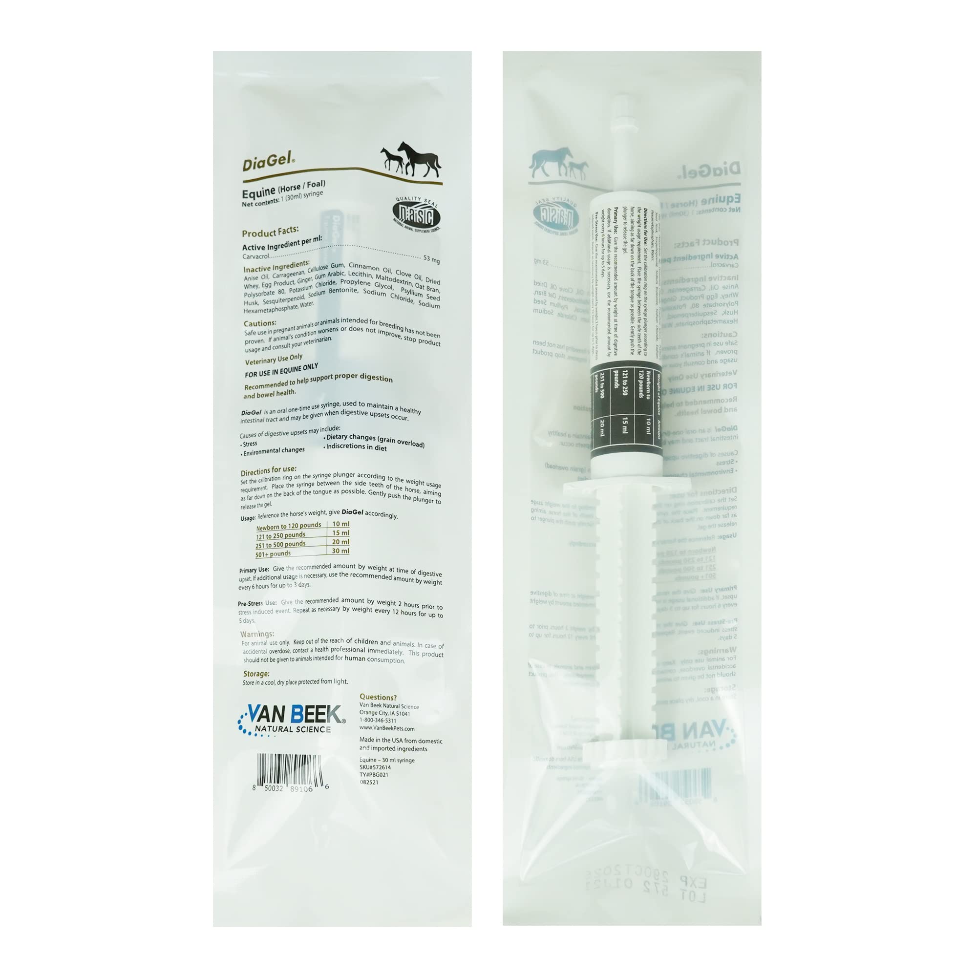 DiaGel for Equine - Orally Administered Gel for Occasional Loose Stools and Digestive Upset - Natural Horse Products - Van Beek 