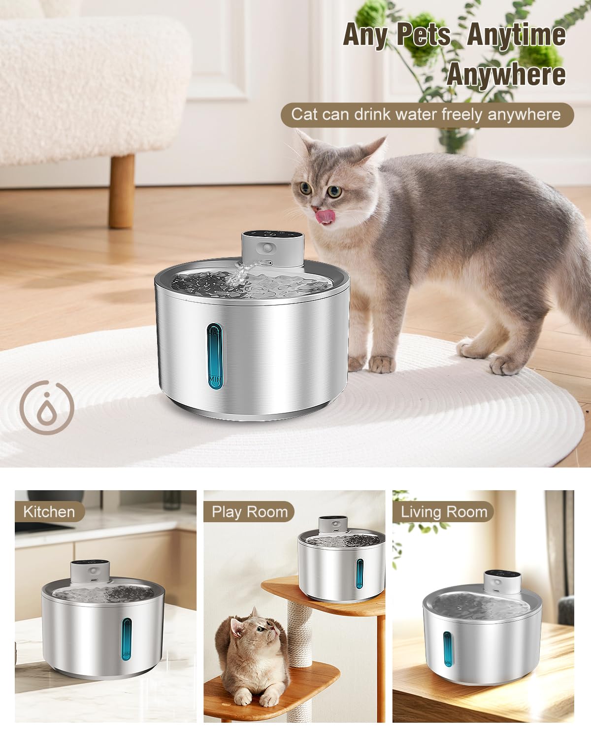 Qanyi Cat Water Fountain Stainless Steel, 140Oz/4L Wireless Cat Drinking Fountain, Battery Operated With 3 Filters, Cordless Pet