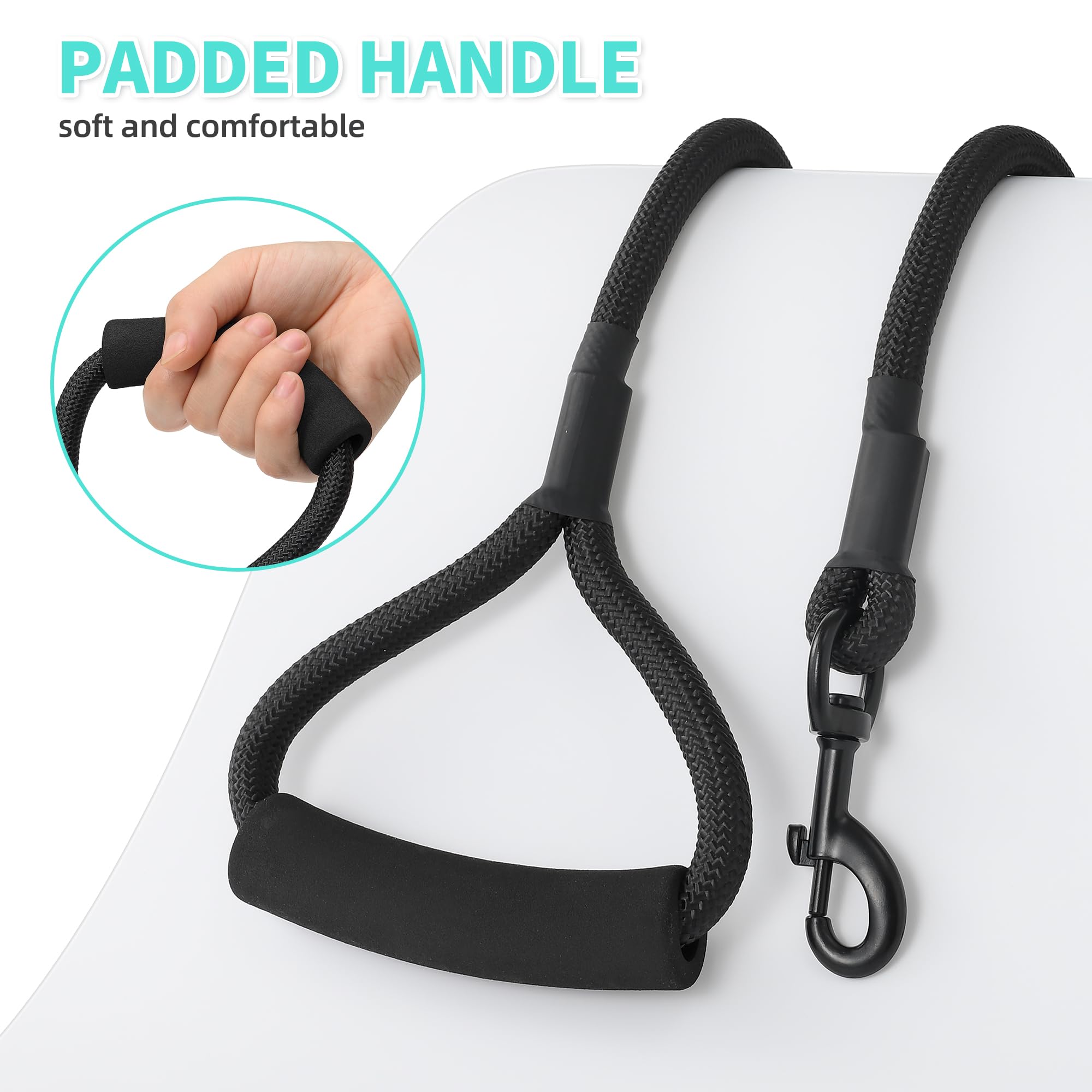 Mile High Life Long Dog Leash, 10 Feet With Comfortable Padded Handle, Black Nylon Rope Leash With Steel Tips, Heavy Duty Pet Le