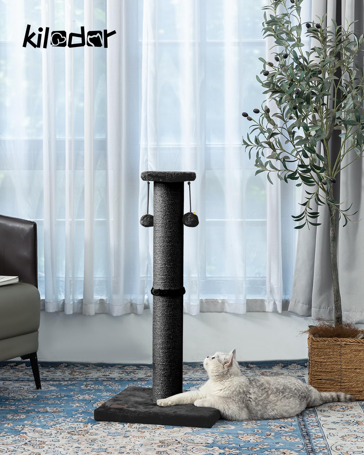 Kilodor 34Inch Tall Cat Scratching Post,4.3Inch Diameter Large Sisal Cat Scratch Post with Ball, Sturdy and Durable Cat Scratche
