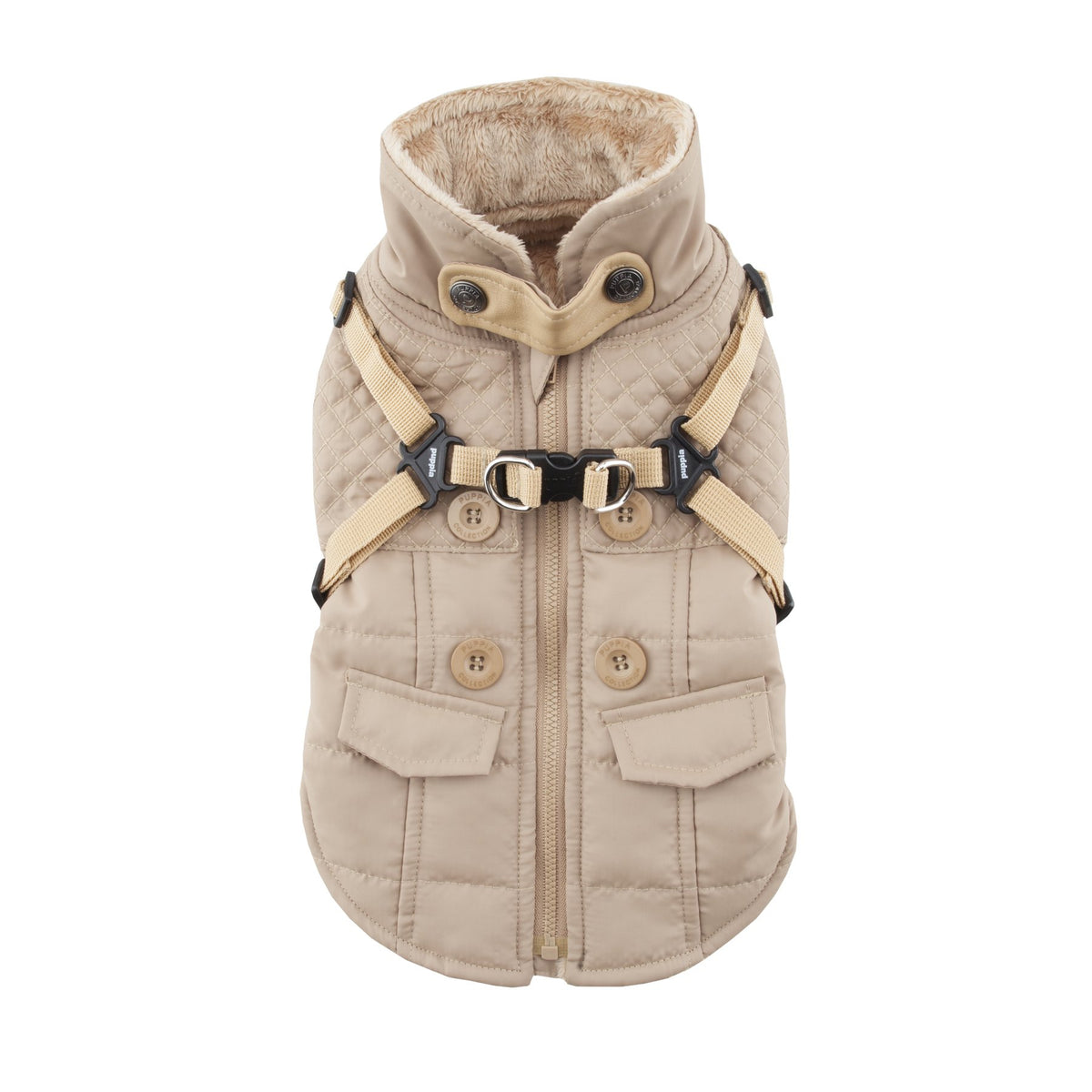 Puppia Wilkes Winter Dog Coat With Integrated Harness No Pull Cold Weather Waterproof Warm Fleece Back Zipper For Small & Medium Dog, Beige, Xx-Large
