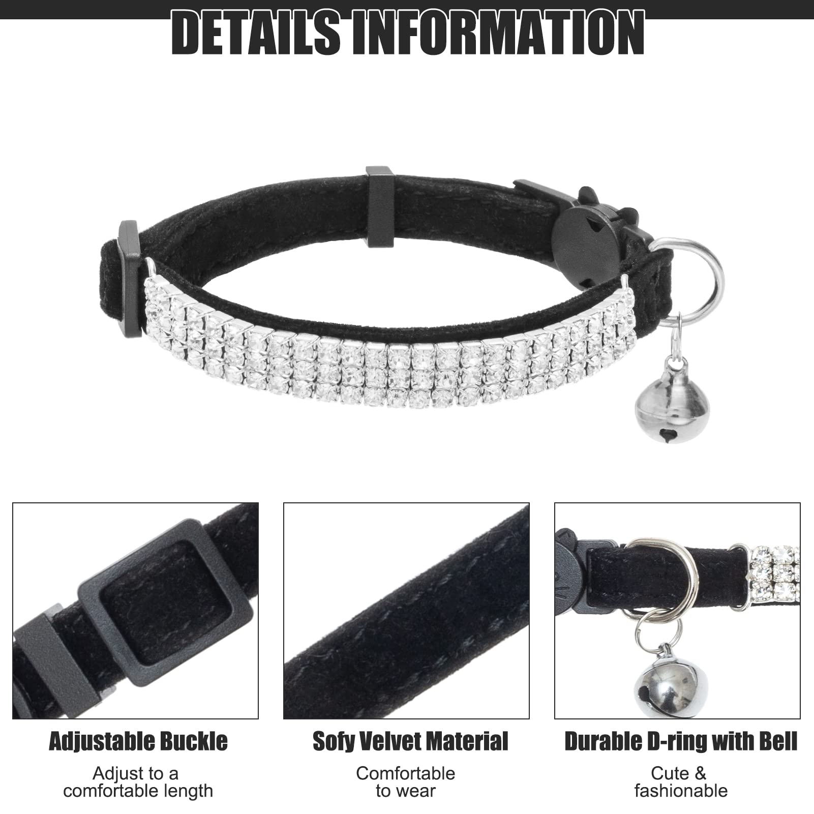 Expawlorer Cat Collar Breakaway With Bells - 2 Pack Rhinestones Bling Diamante Collars - Soft Velvet Safe Adjustable Shing Colla